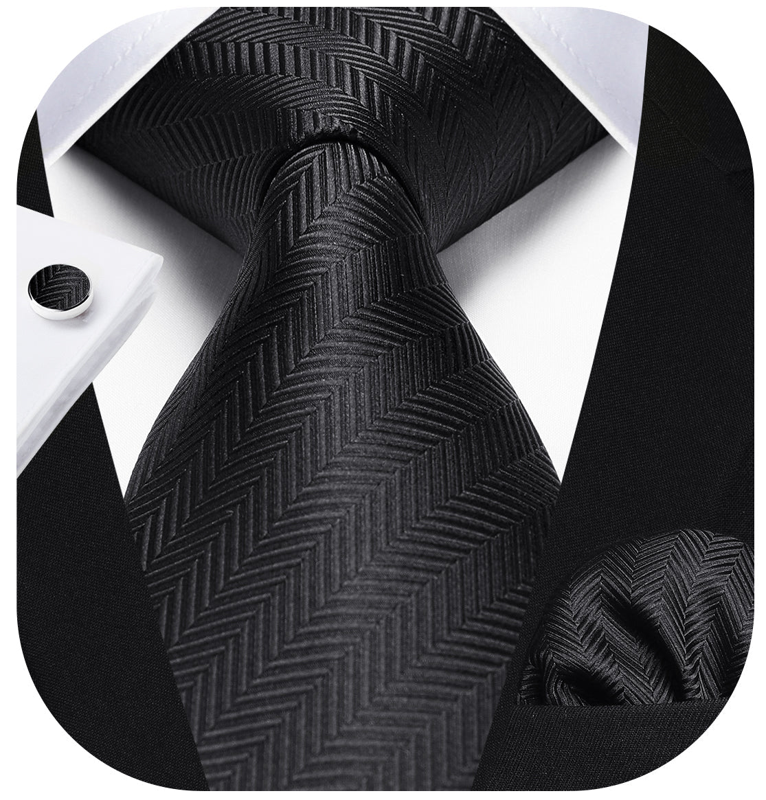 Hisdern Black Houndstooth Business Tie Set with Cufflinks