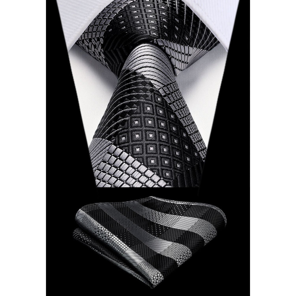 Hisdern Black Grey Plaid Tie Set For Groomsmen