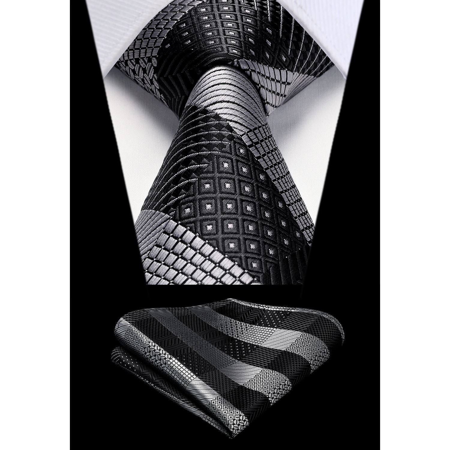 Hisdern Black Grey Plaid Tie Set For Groomsmen