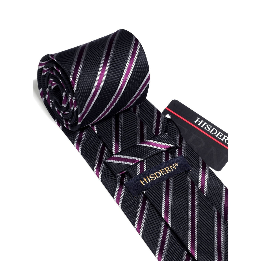 Hisdern Purple Black Striped Business Tie Set