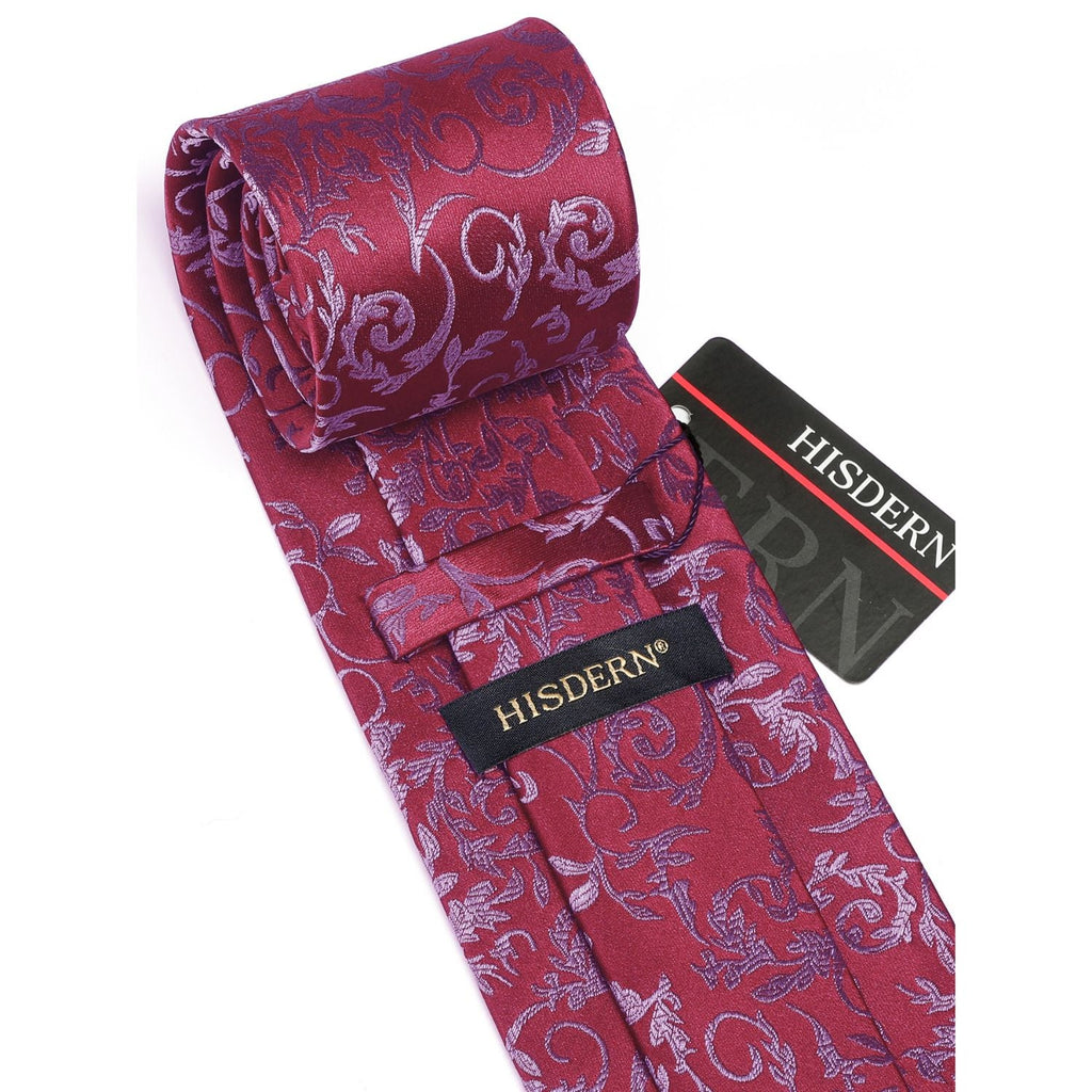 Hisdern Red Floral Wedding Tie Set with Cufflinks