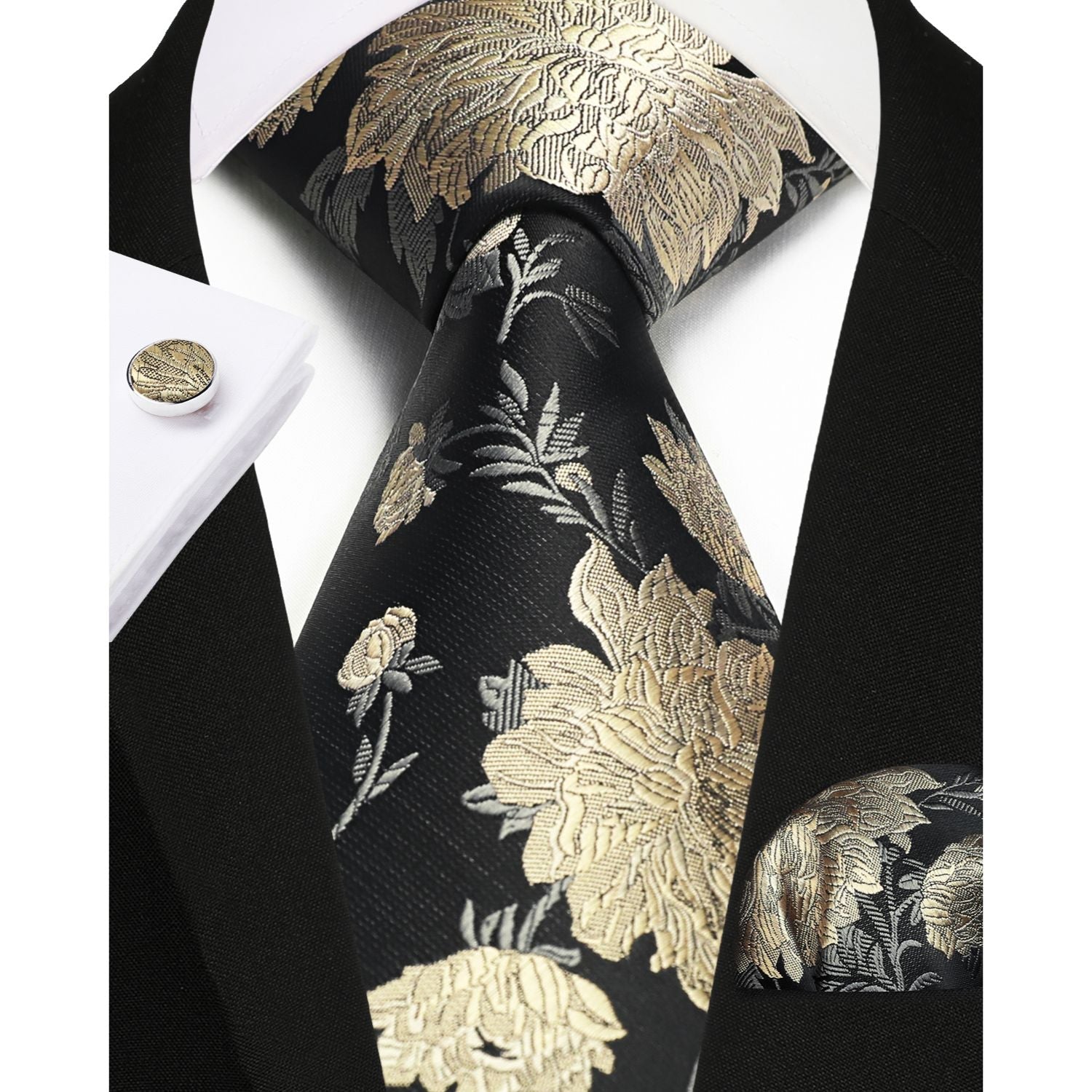 Hisdern Black Floral Wedding Tie Set with Cufflinks
