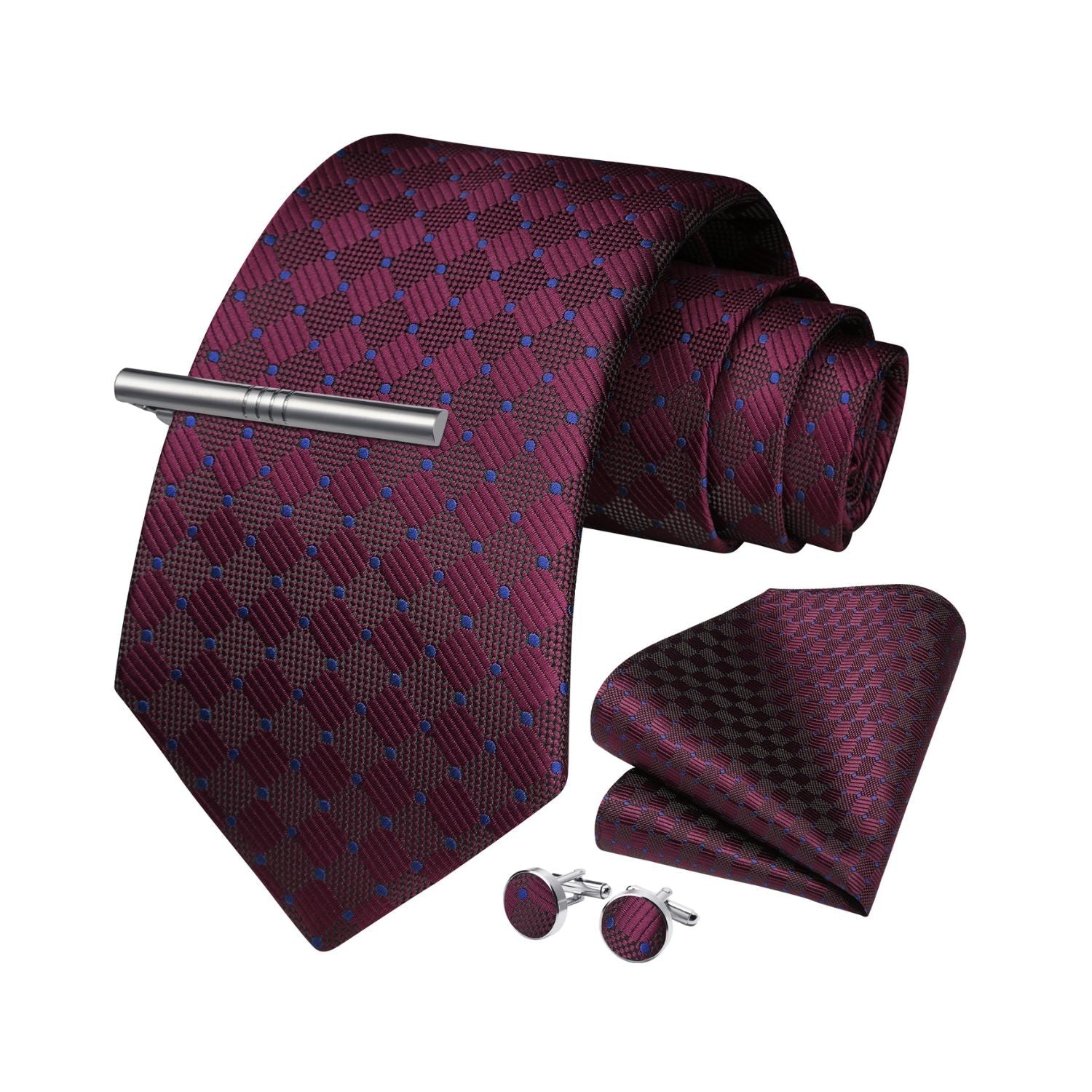 Plaid Tie Handkerchief Cufflinks Clip - DARK RED