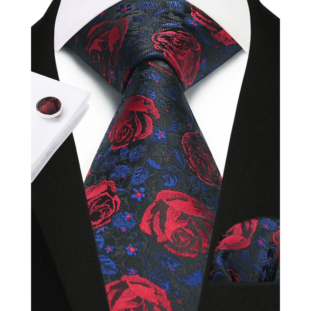 Hisdern Black Red Floral Wedding Tie Set with Cufflinks