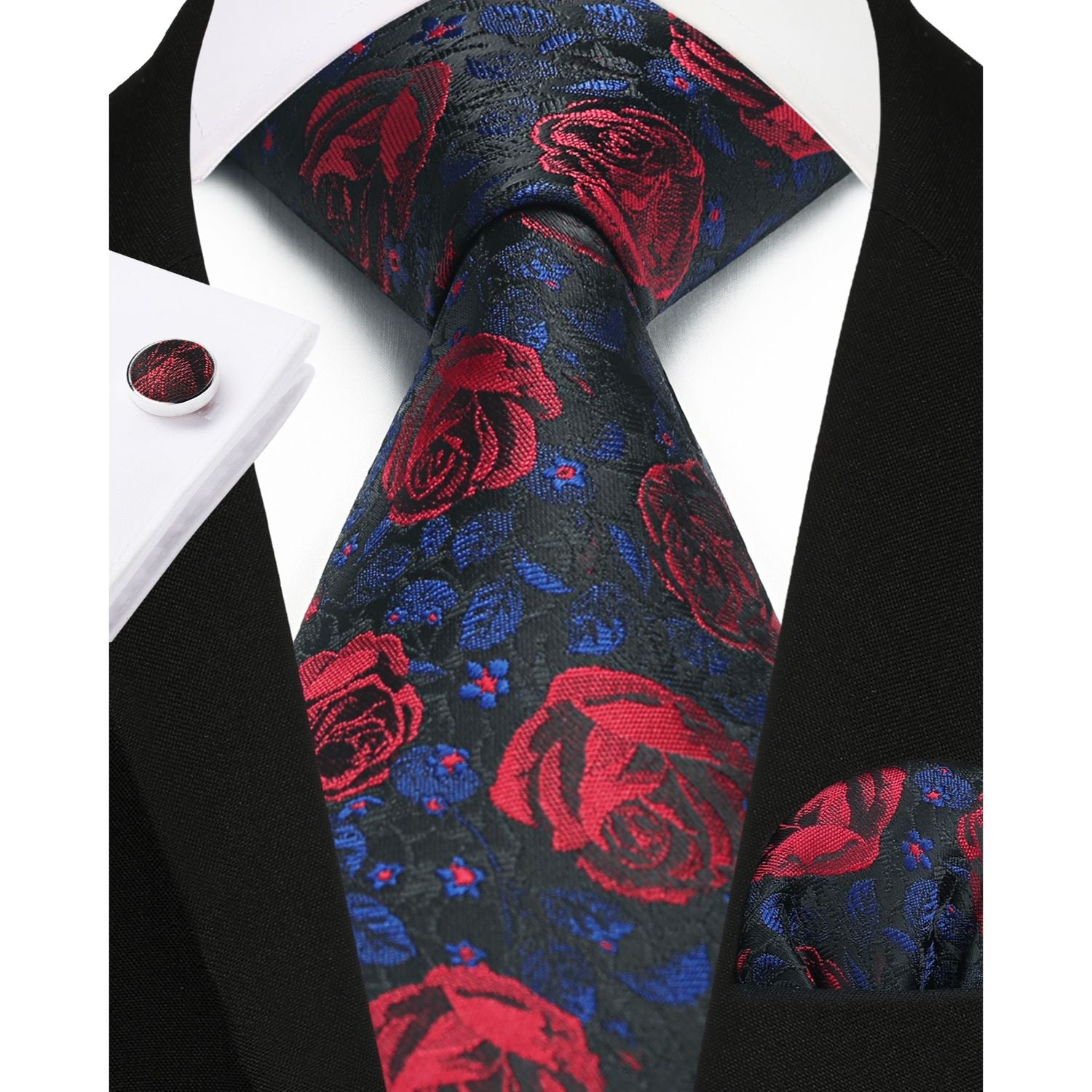 Hisdern Black Red Floral Wedding Tie Set with Cufflinks