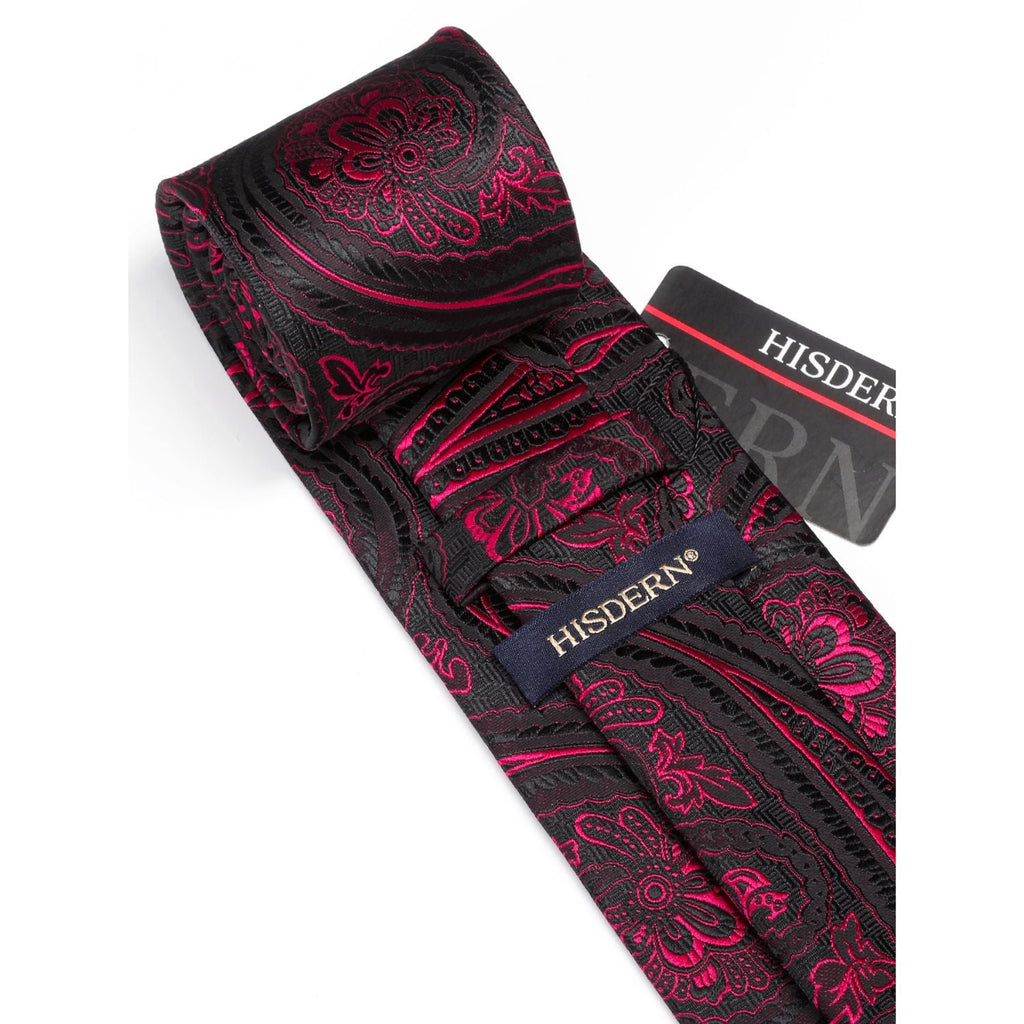 Hisdern Burgundy Floral Wedding Tie Set with Cufflinks