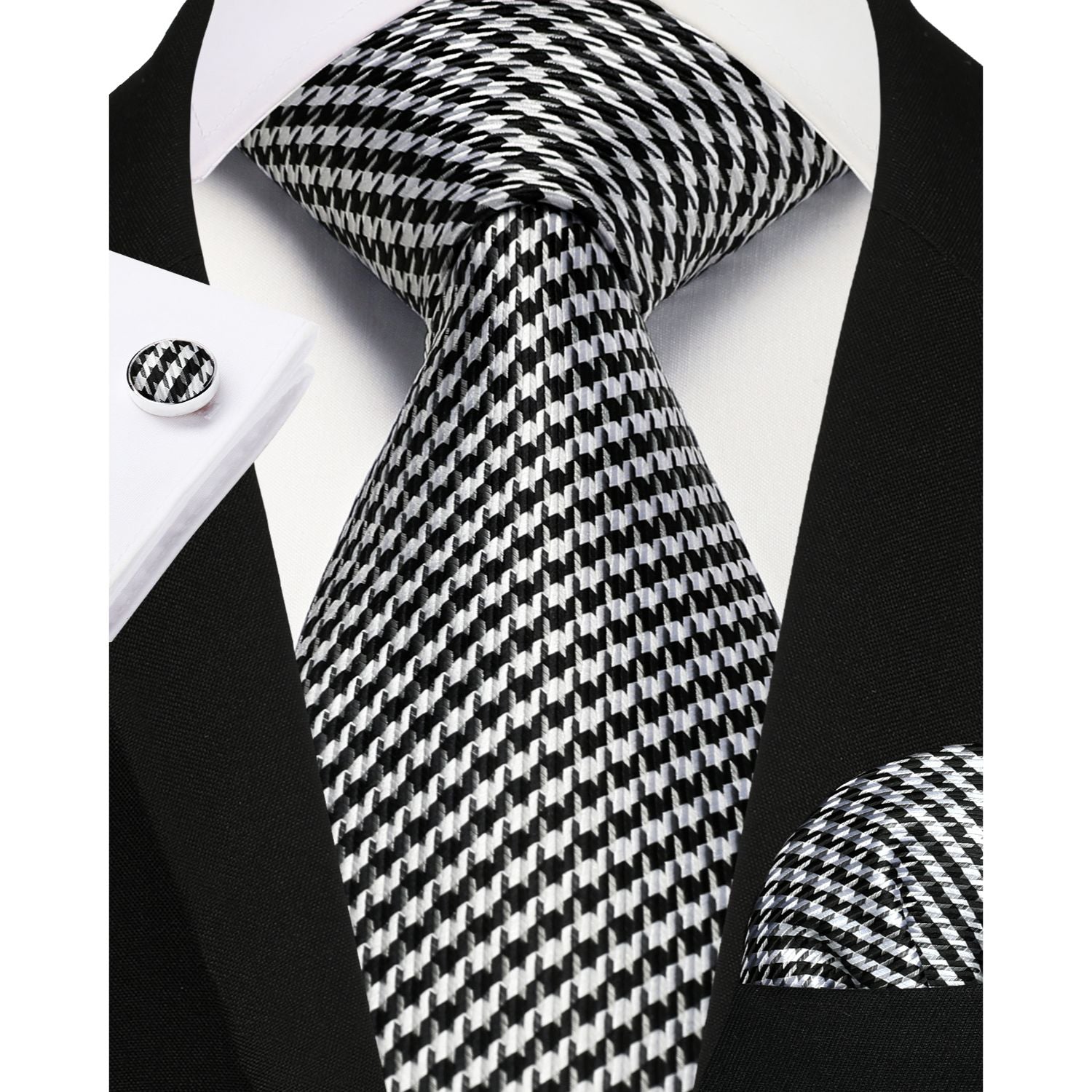 Hisdern Black Houndstooth Business Tie Set with Cufflinks