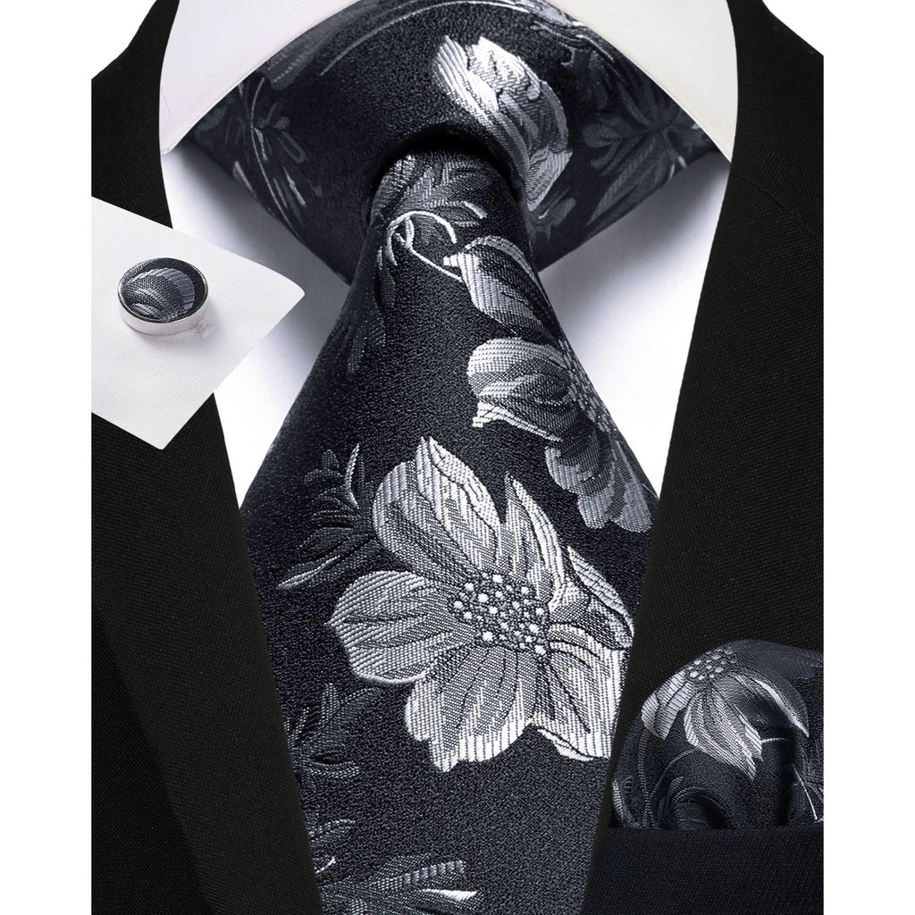 Hisdern Black Floral Wedding Tie Set with Cufflinks