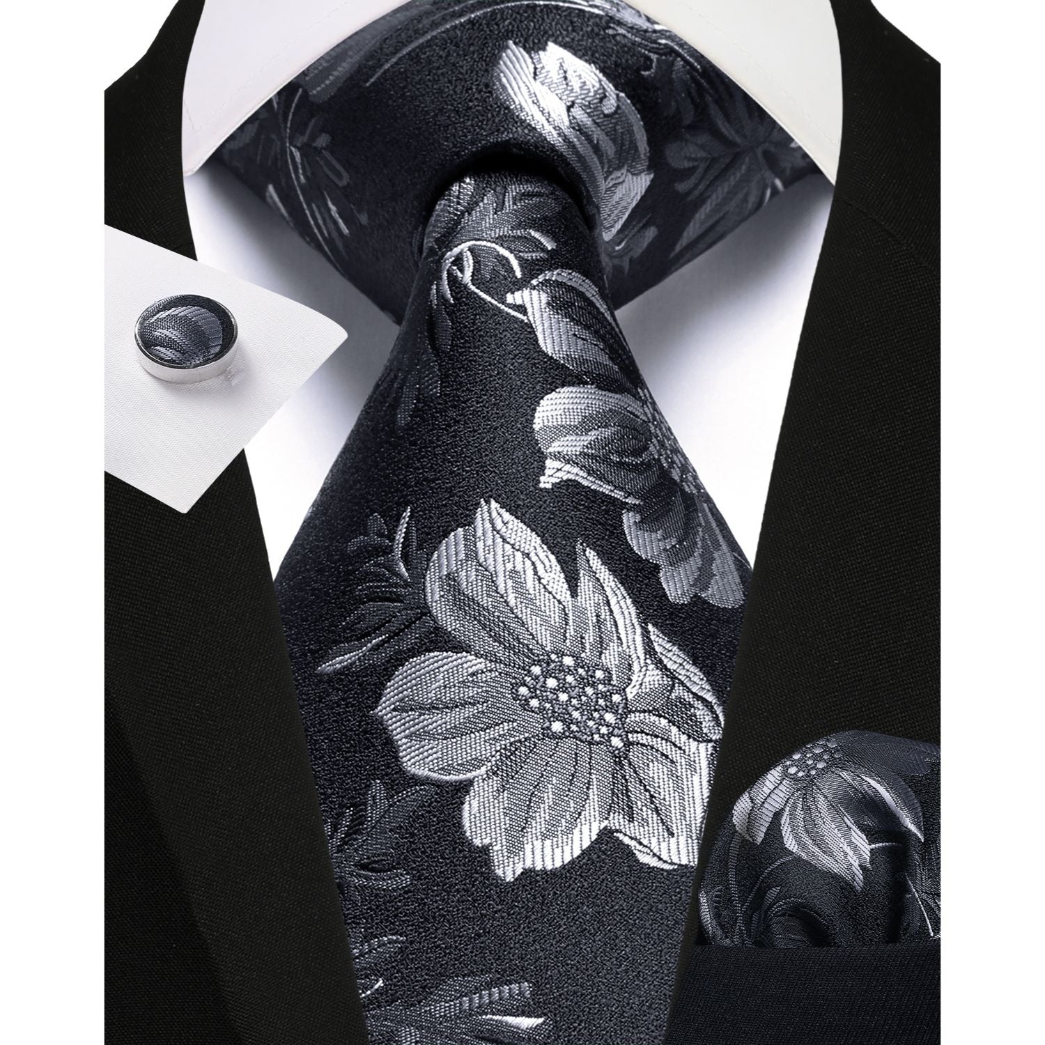 Hisdern Black Floral Wedding Tie Set with Cufflinks