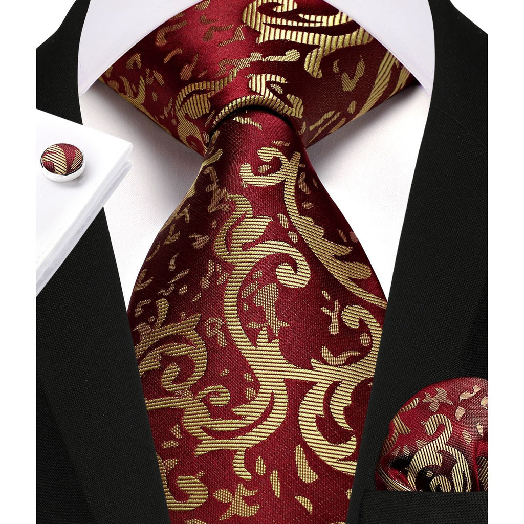 Hisdern Burgundy Gold Paisley Wedding Accessories Set with Cufflinks