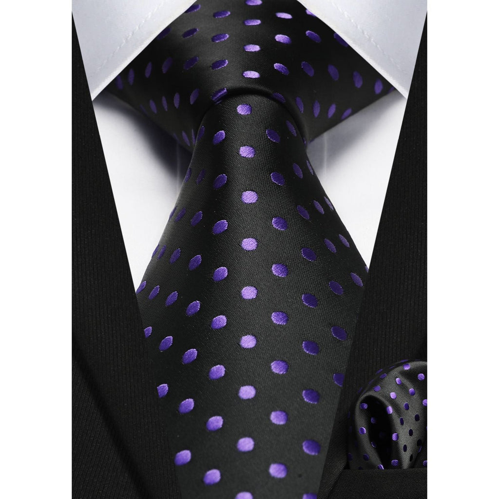 Hisdern Black Purple Polka Dot Print Tie Set For Formal Events