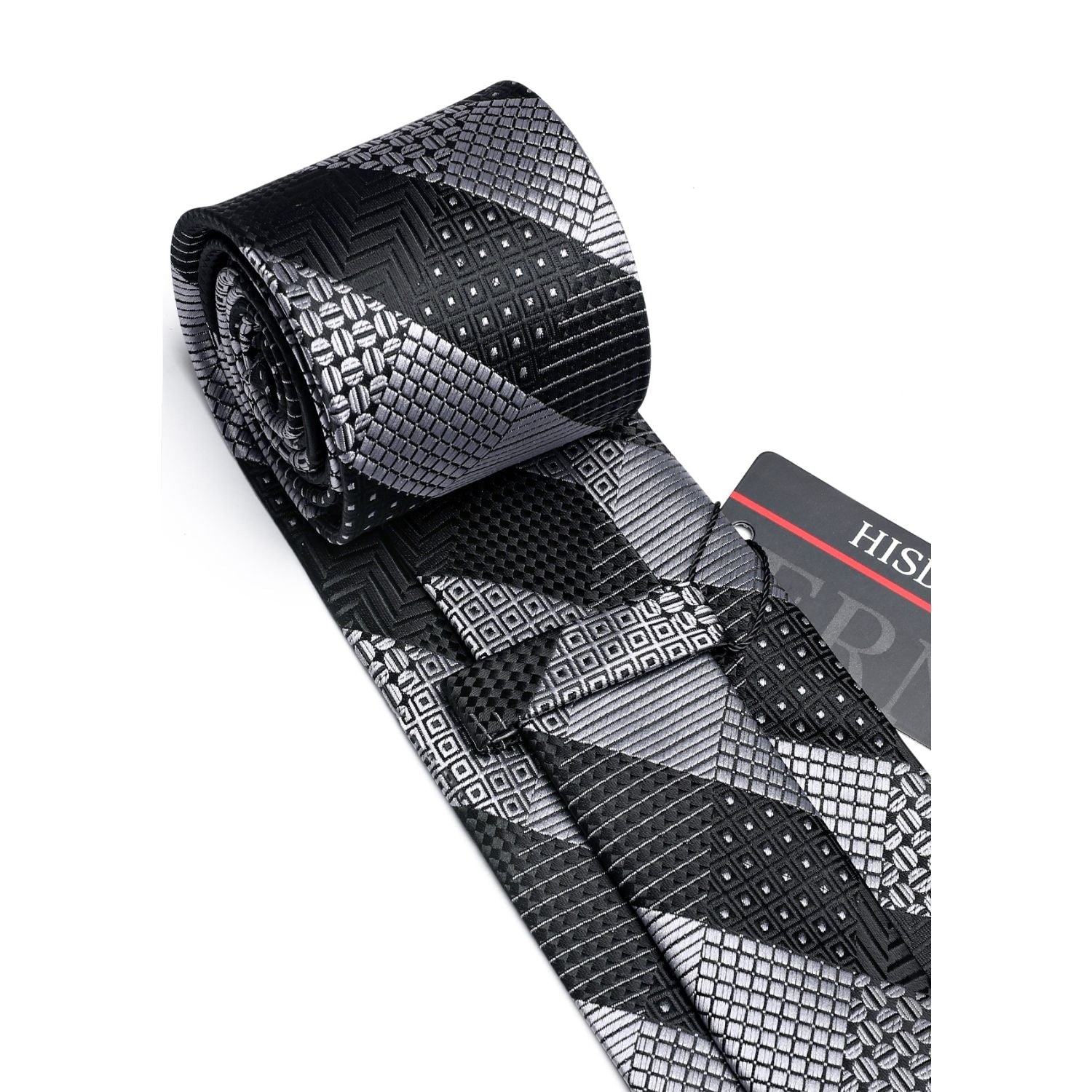 Hisdern Black Grey Plaid Tie Set For Groomsmen