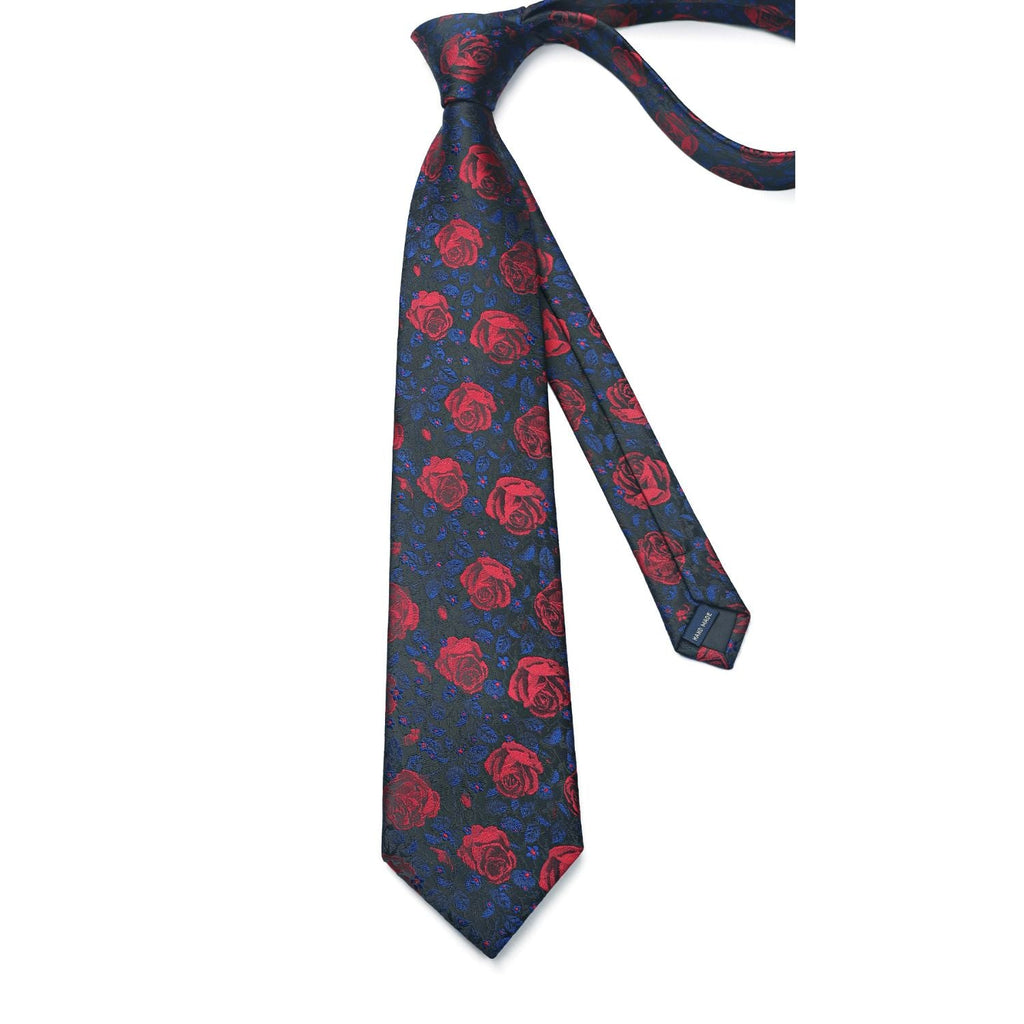 Hisdern Black Red Floral Wedding Tie Set with Cufflinks