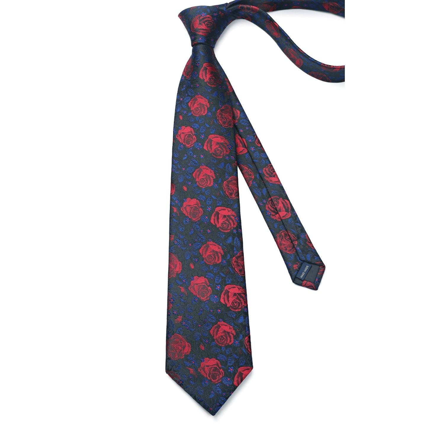 Hisdern Black Red Floral Wedding Tie Set with Cufflinks
