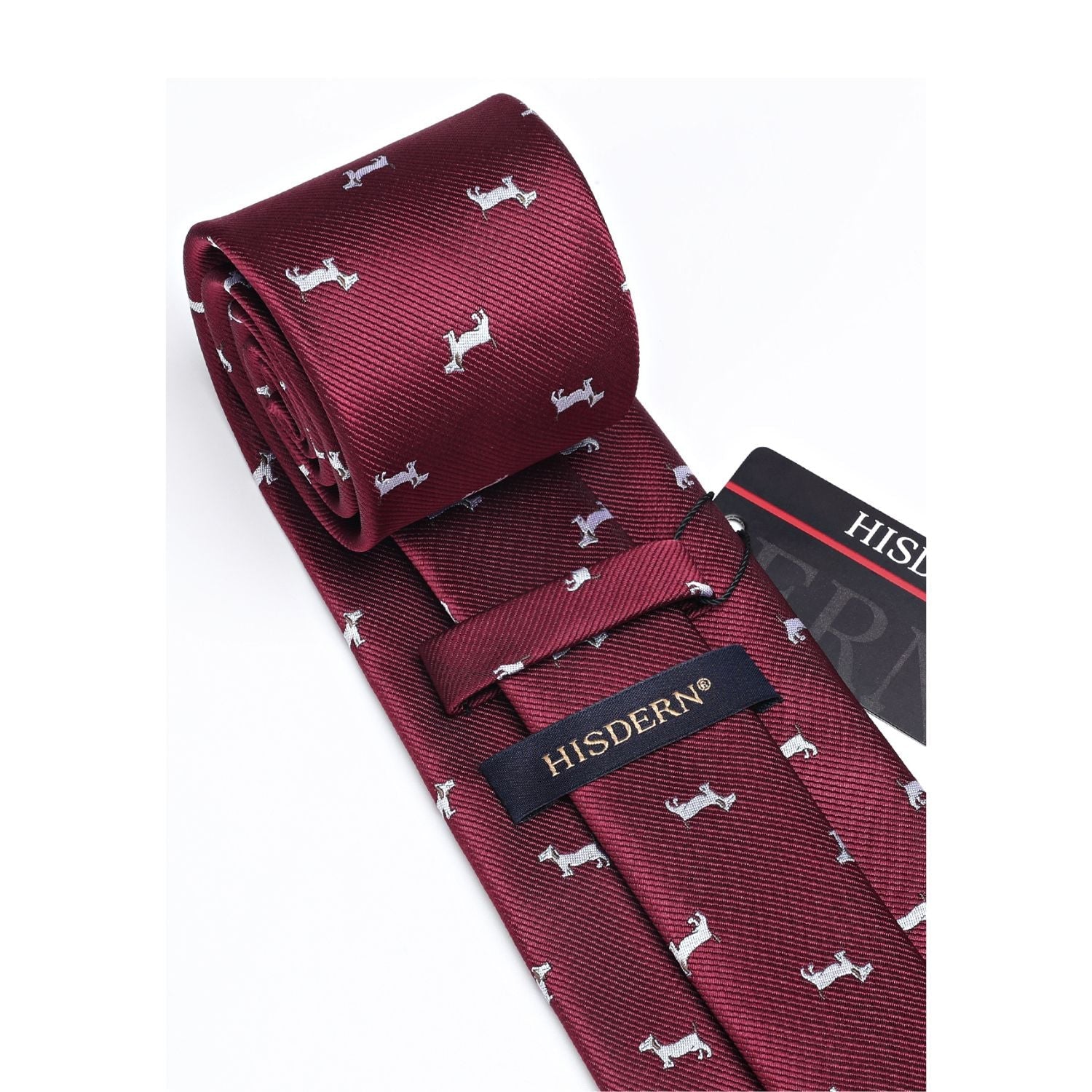 Hisdern Burgundy Bulldog Print Men's Suit Tie Set