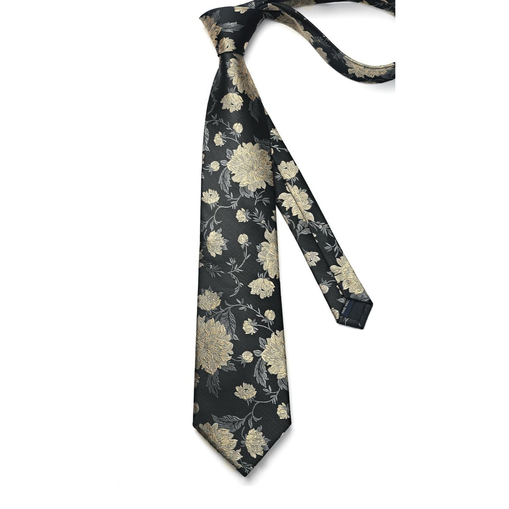 Hisdern Black Floral Wedding Tie Set with Cufflinks