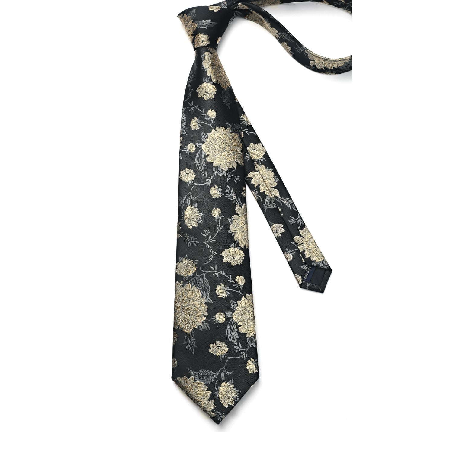 Hisdern Black Floral Wedding Tie Set with Cufflinks