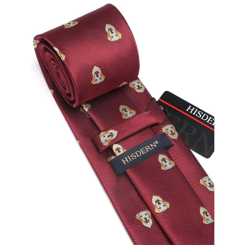 Hisdern Burgundy Golden Retriever Cute Pattern Tie Set