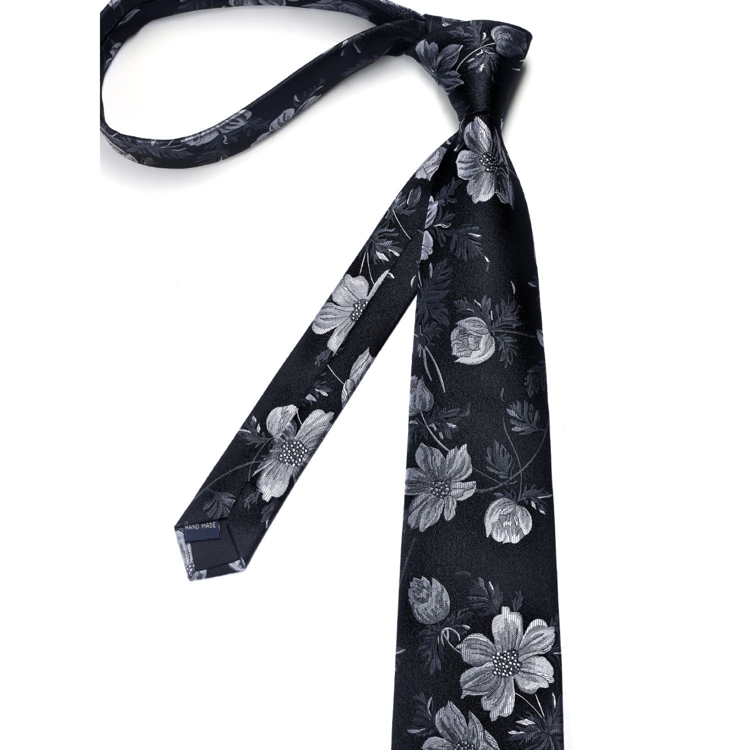 Hisdern Black Floral Wedding Tie Set with Cufflinks