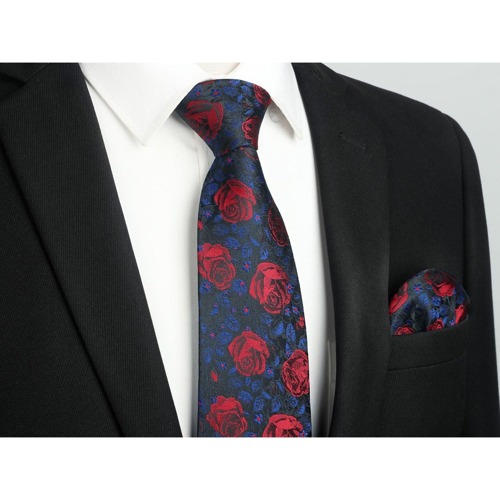 Hisdern Black Red Floral Wedding Tie Set with Cufflinks