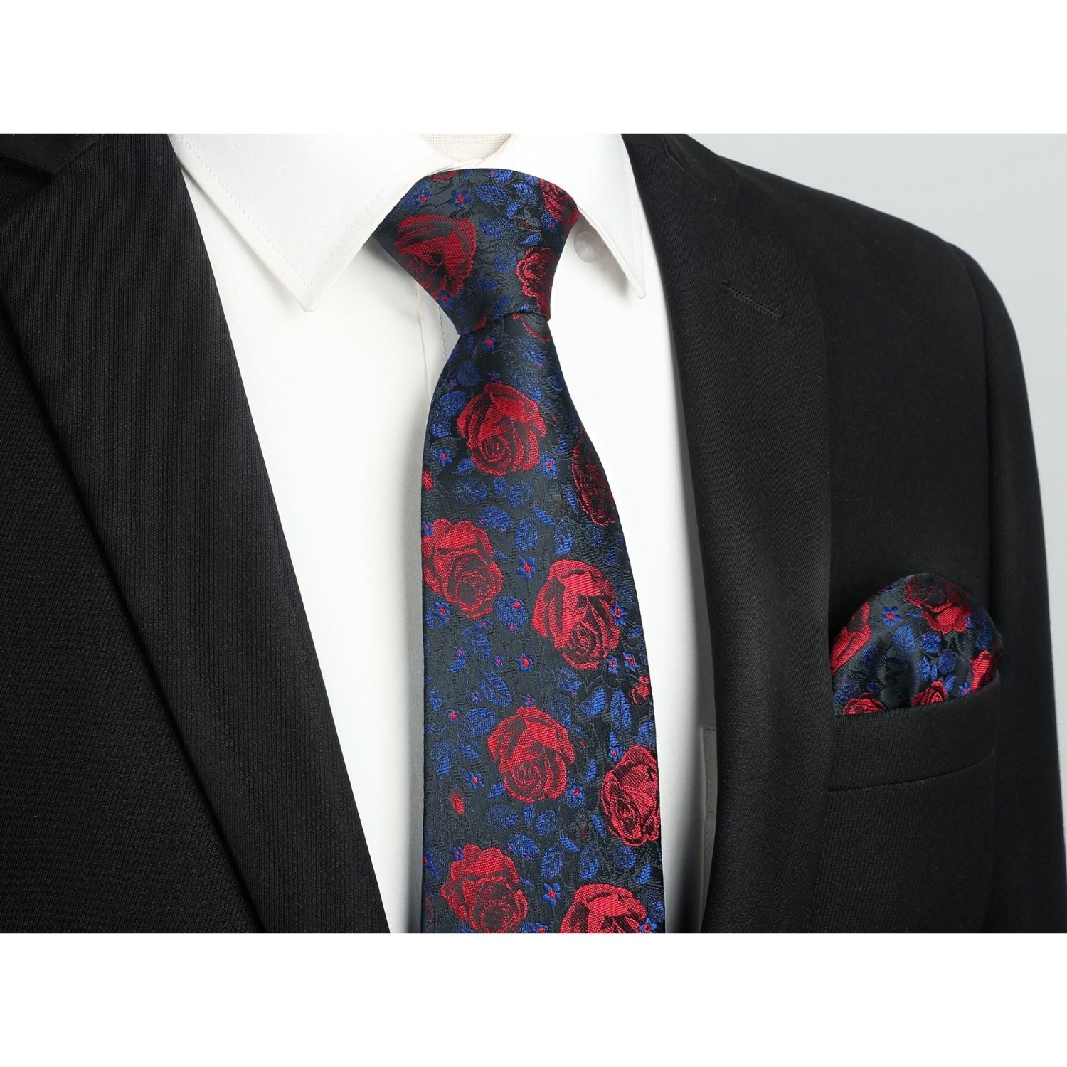 Hisdern Black Red Floral Wedding Tie Set with Cufflinks