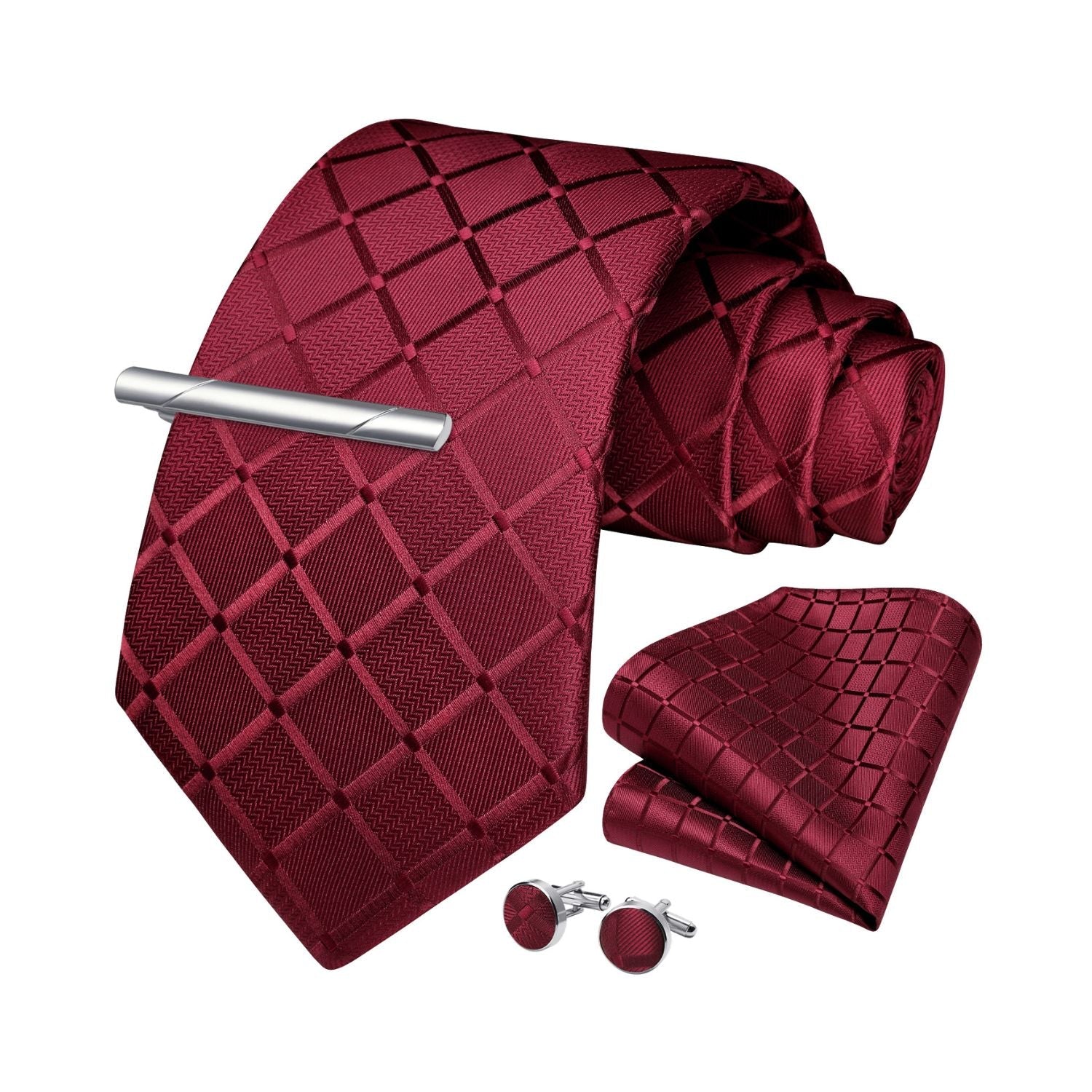 Hisdern Burgundy Plaid Wedding Accessories Set with Cufflinks Clip