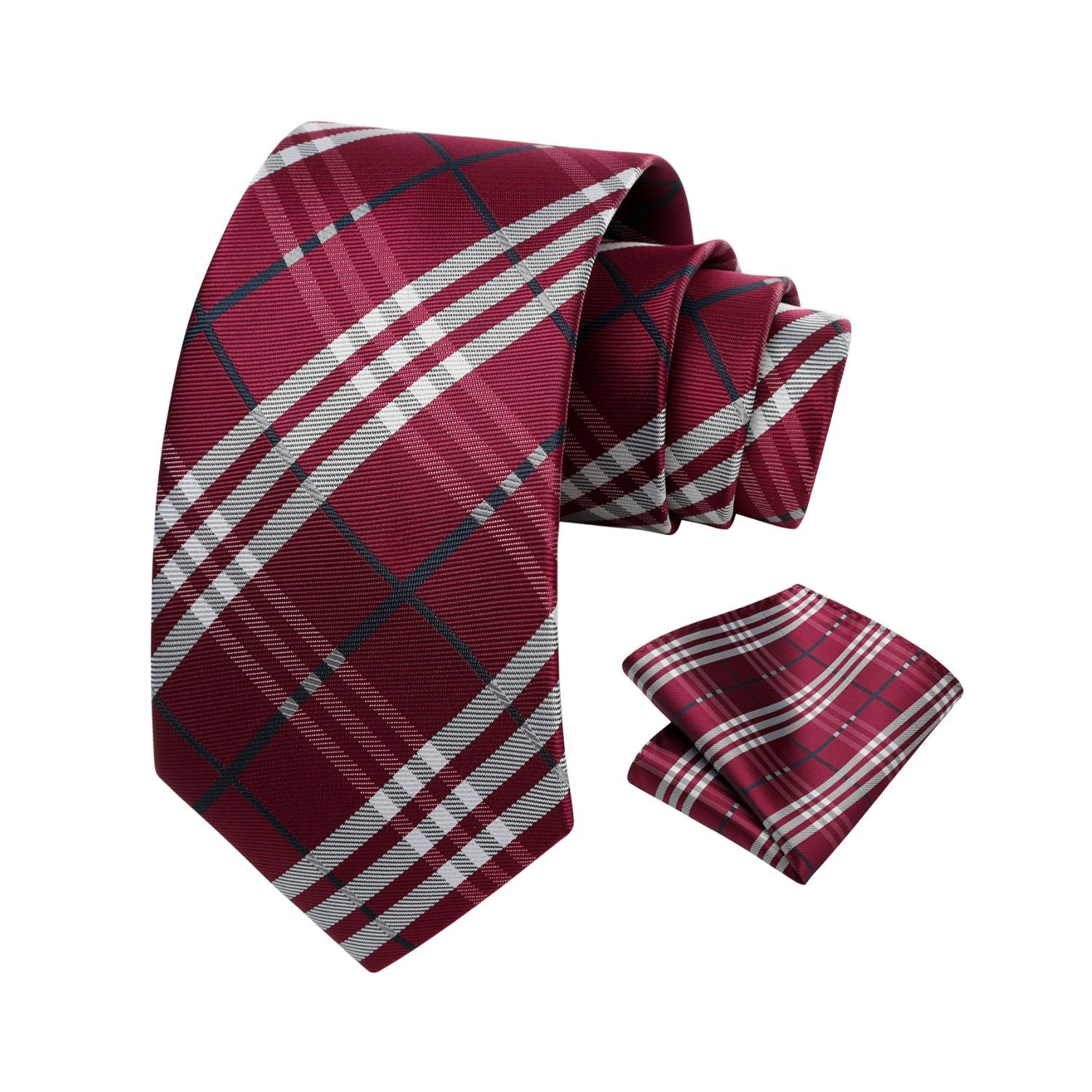 Plaid Tie Handkerchief Set - 062-BURGUNDY/GREY/BLACK