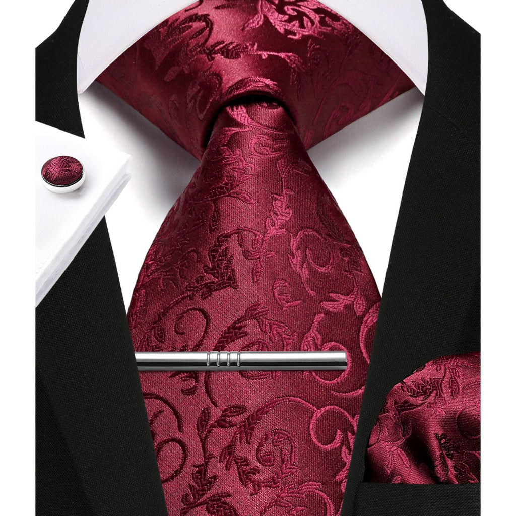 Hisdern Burgundy Floral Wedding Tie Set with Cufflinks Clip