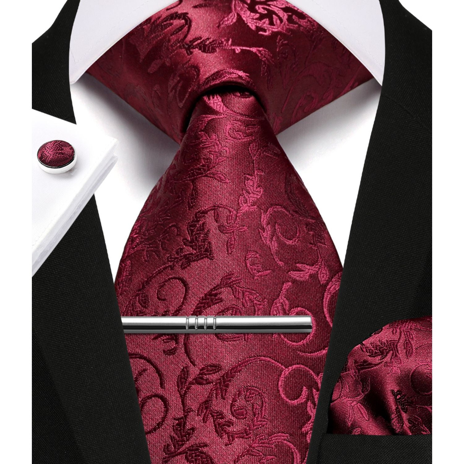 Hisdern Burgundy Floral Wedding Tie Set with Cufflinks Clip