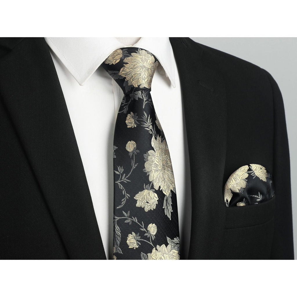 Hisdern Black Floral Wedding Tie Set with Cufflinks