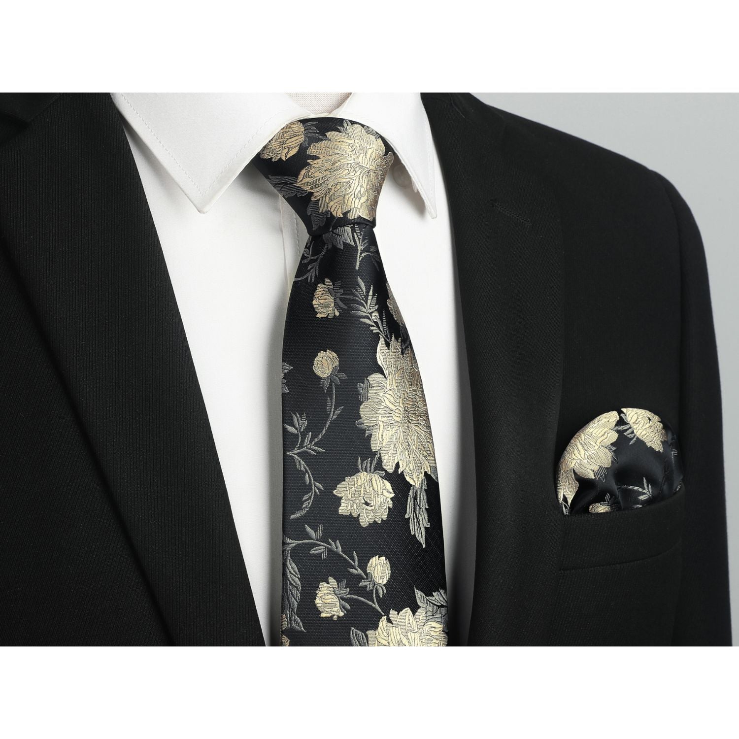 Hisdern Black Floral Wedding Tie Set with Cufflinks