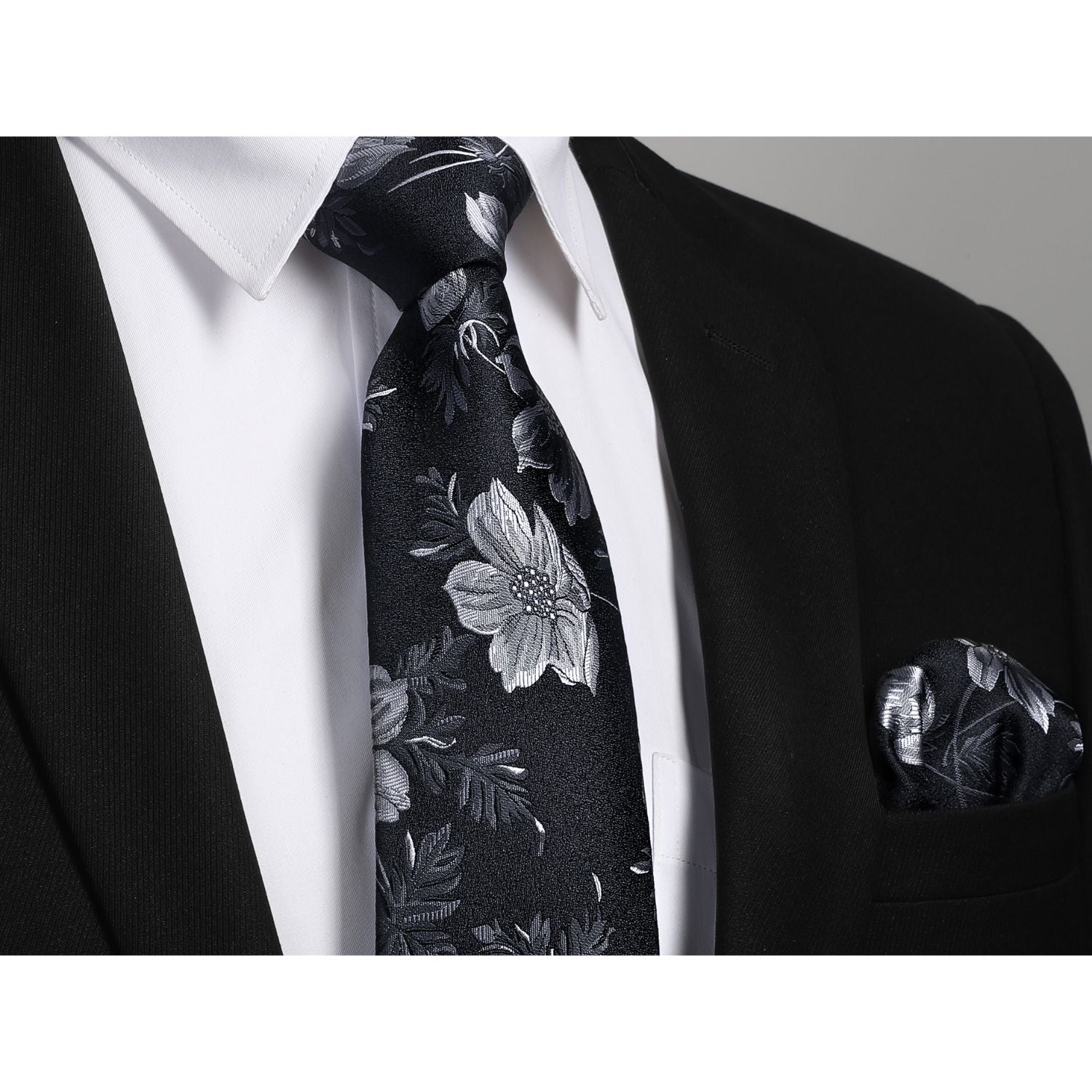 Hisdern Black Floral Wedding Tie Set with Cufflinks