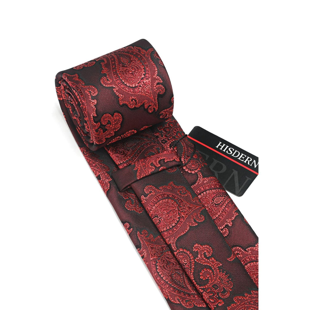 Hisdern Wine Red Paisley Tie Set For Groomsmen
