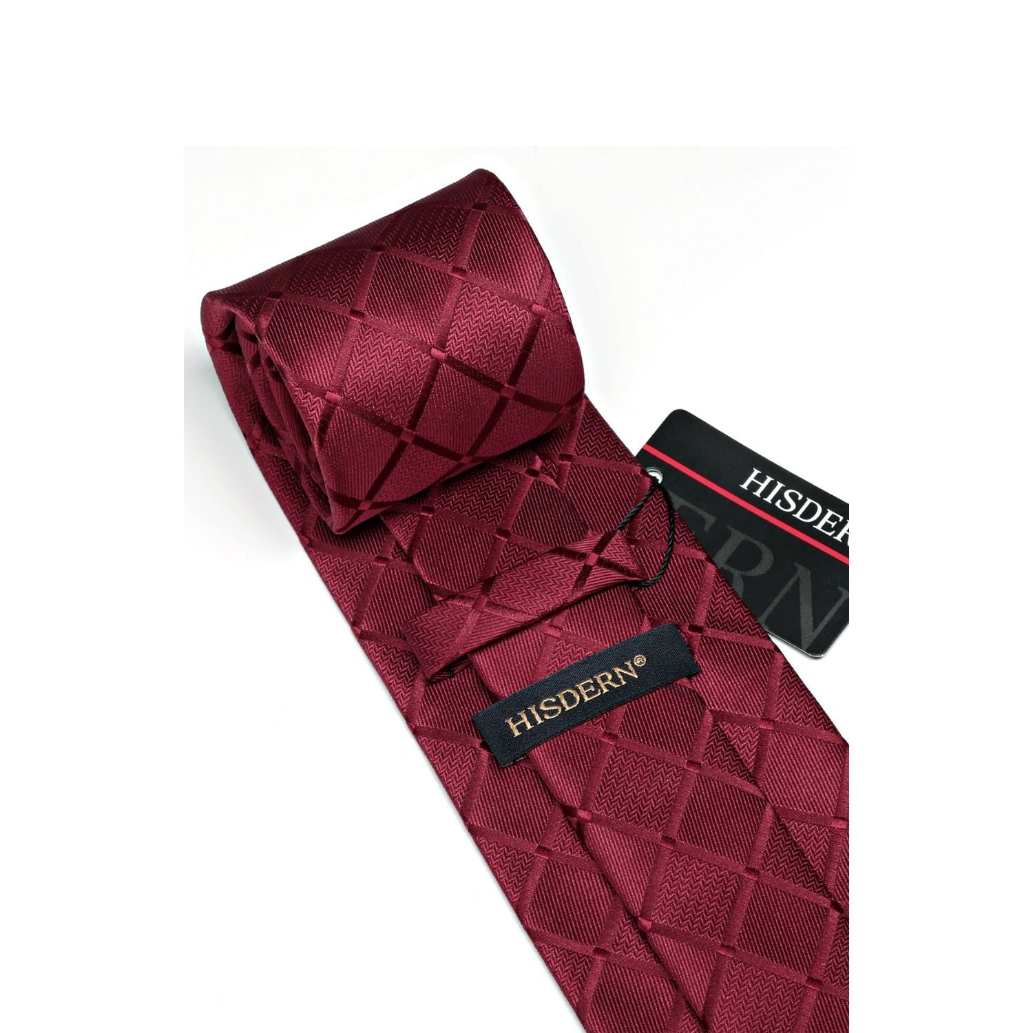 Hisdern Burgundy Plaid Wedding Accessories Set with Cufflinks Clip