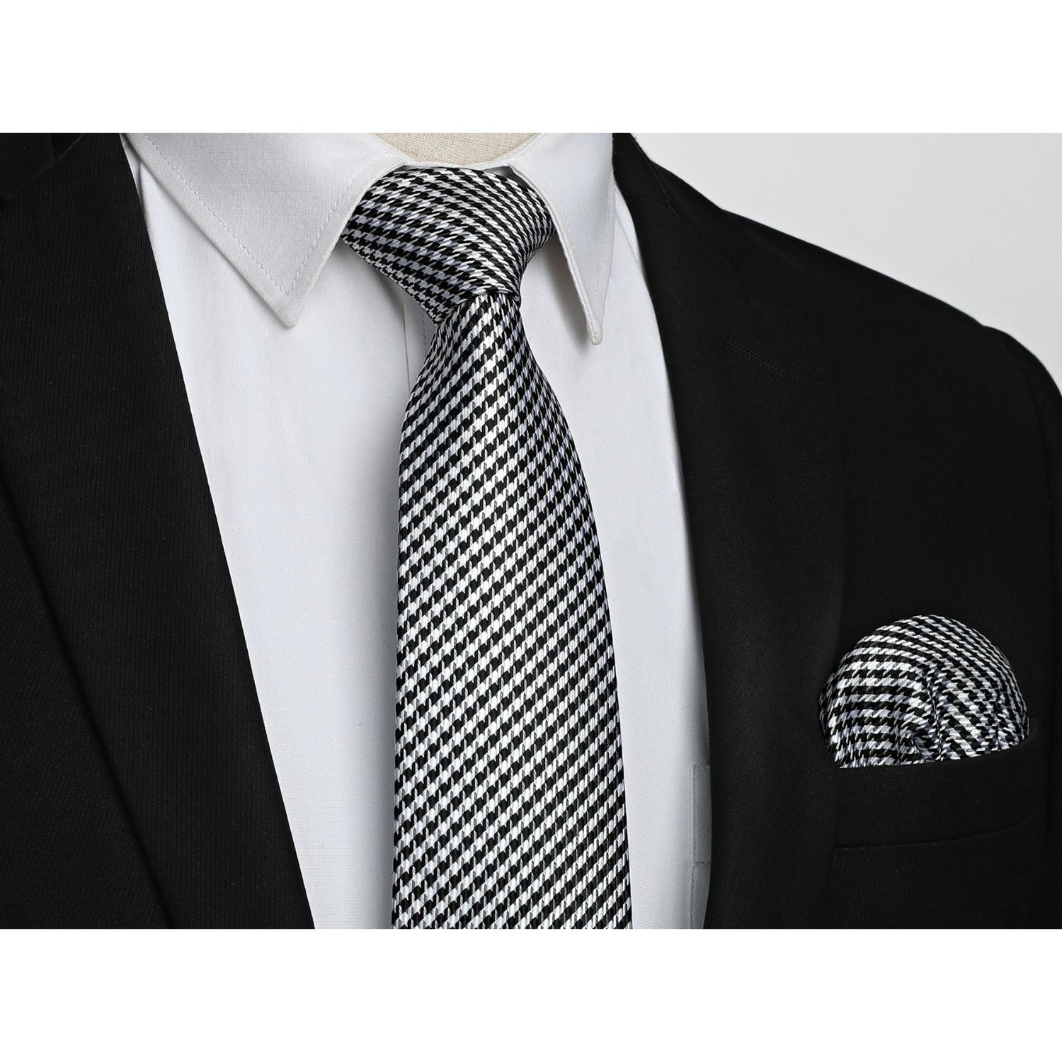Hisdern Black Houndstooth Business Tie Set with Cufflinks