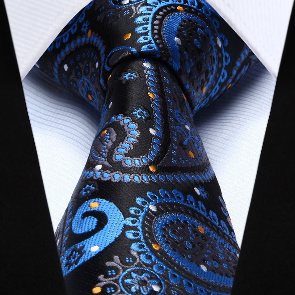 Hisdern Navy Blue Black Paisley Tie Set For Formal Wear