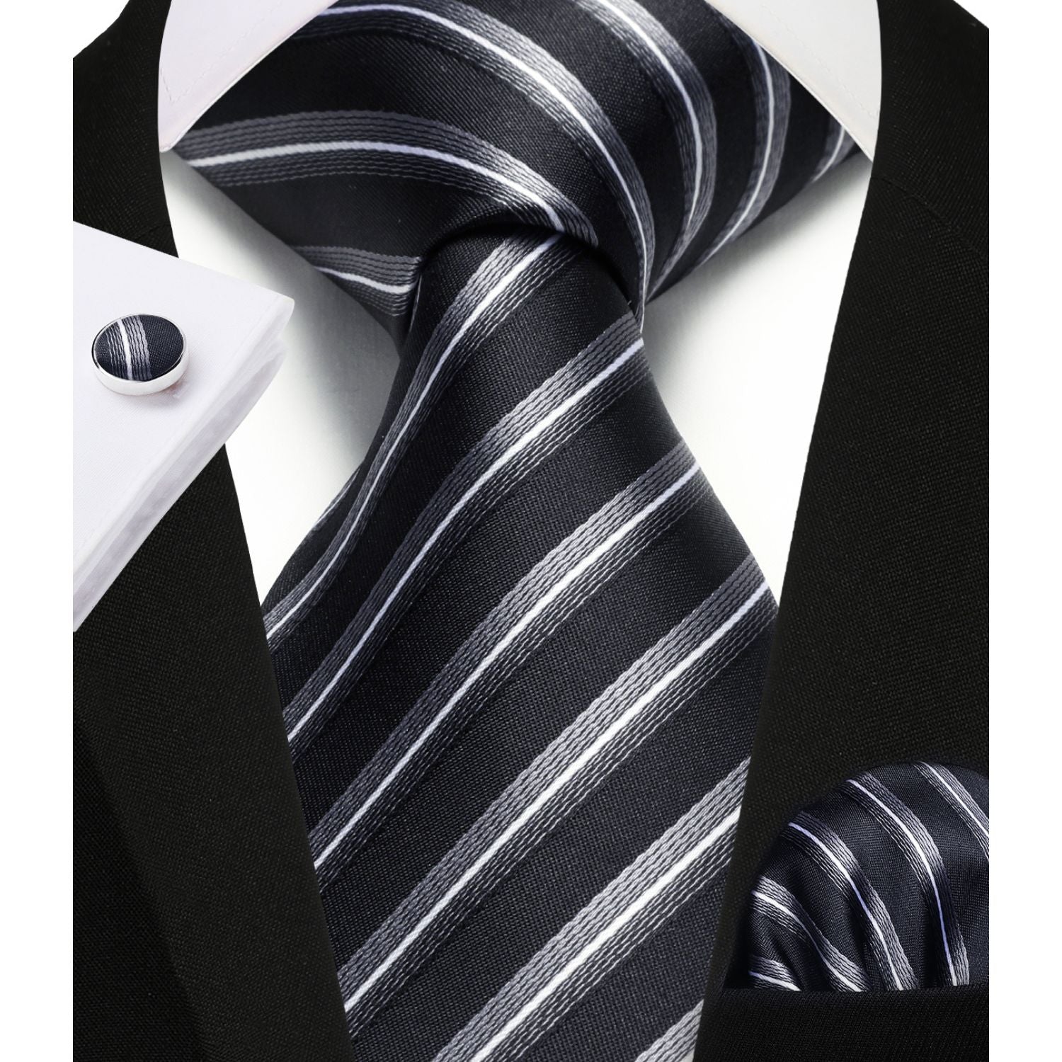 Hisdern Black Striped Dinner Accessories Set with Cufflinks