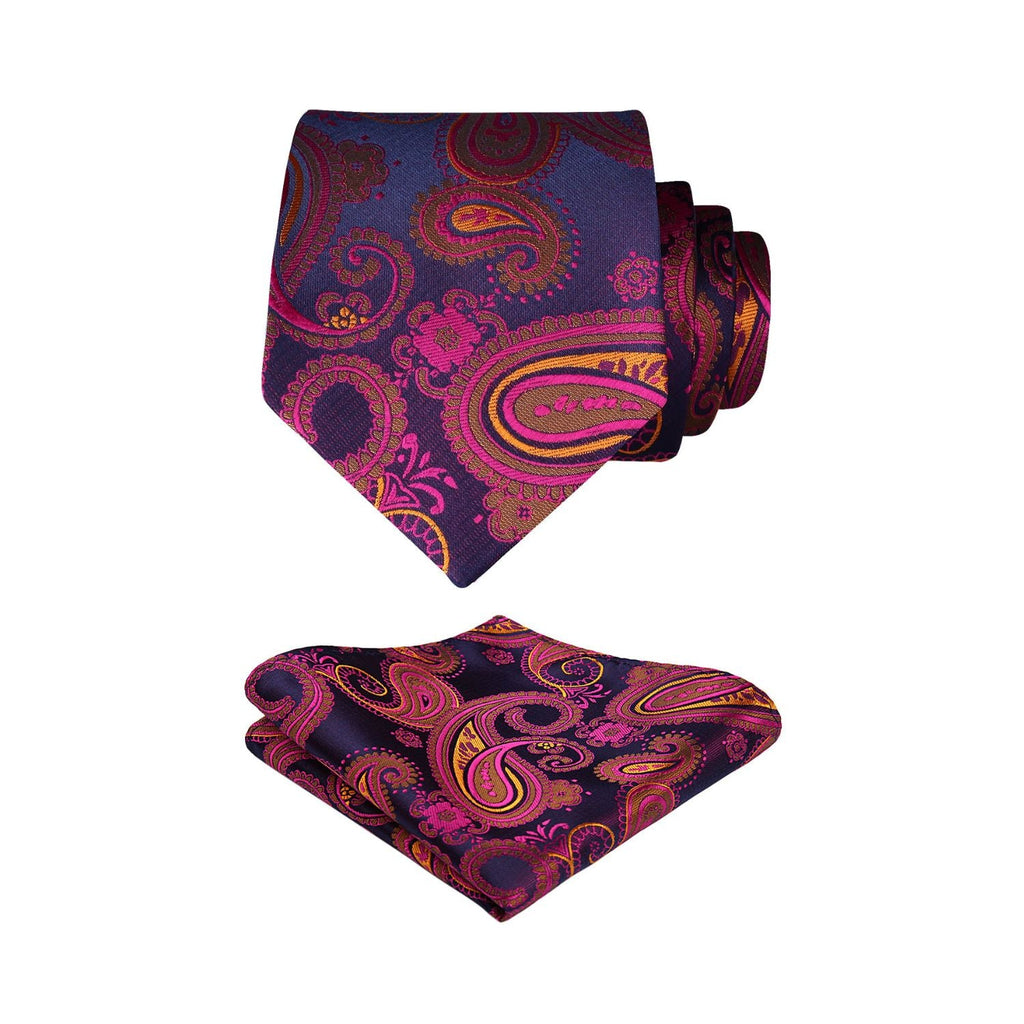 Paisley Floral Tie Handkerchief Set - A33-VIOLET RED/ORANGE