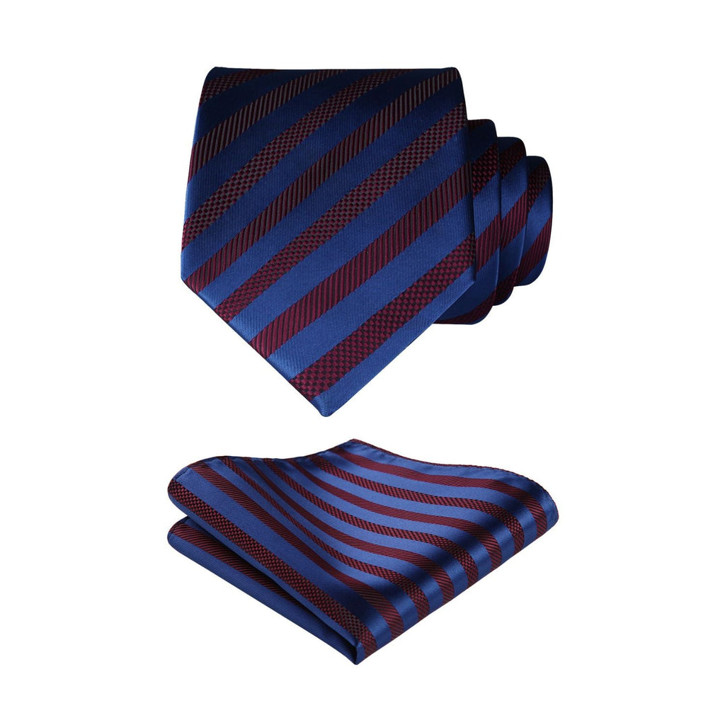 Stripe Tie Handkerchief Set - 02-NAVY BLUE/BURGUNDY