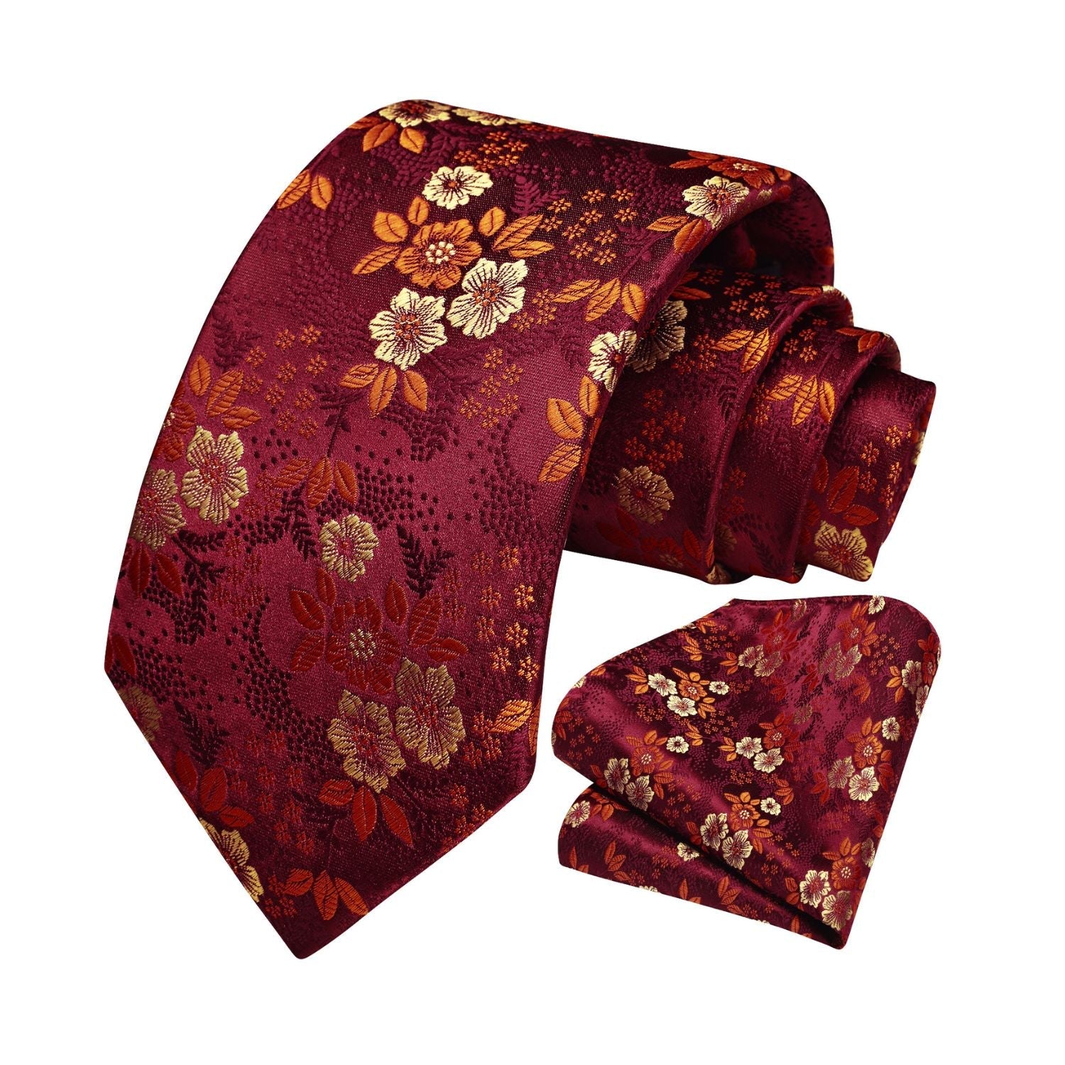 Floral Tie Handkerchief Set - W-BURGUNDY