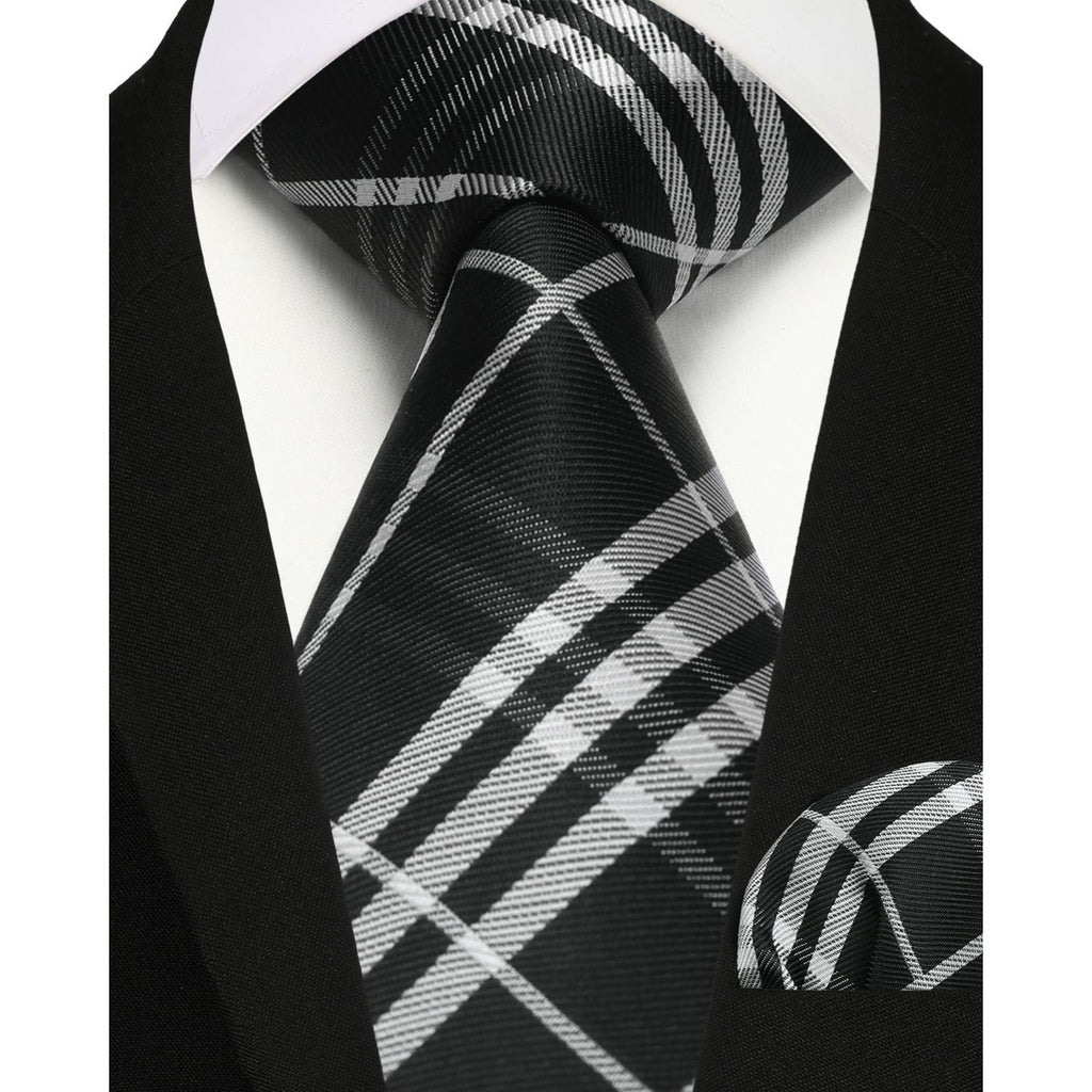 Hisdern Black White Plaid Business Tie Set