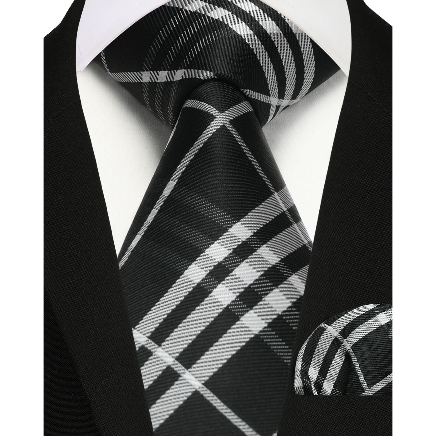 Hisdern Black White Plaid Business Tie Set