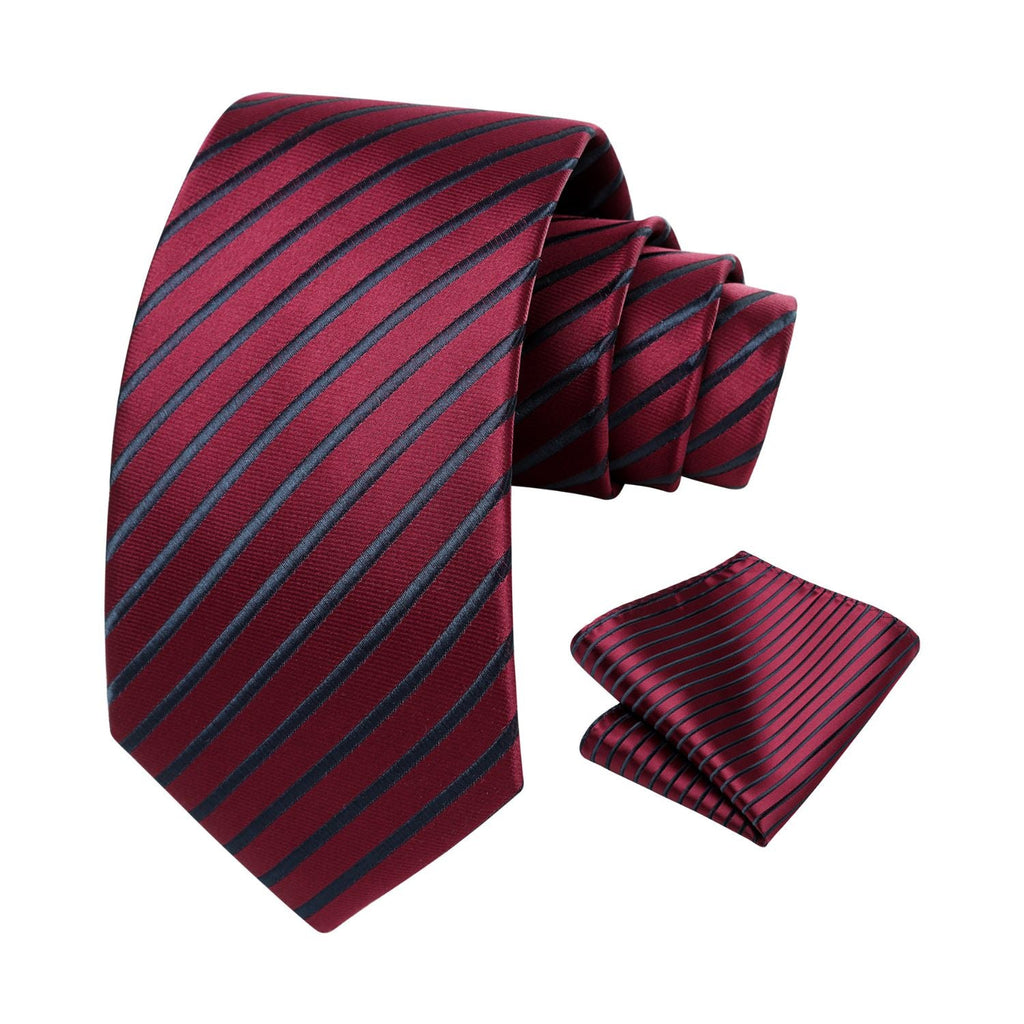 Stripe Tie Handkerchief Set - 8-BURGUNDY/BLACK