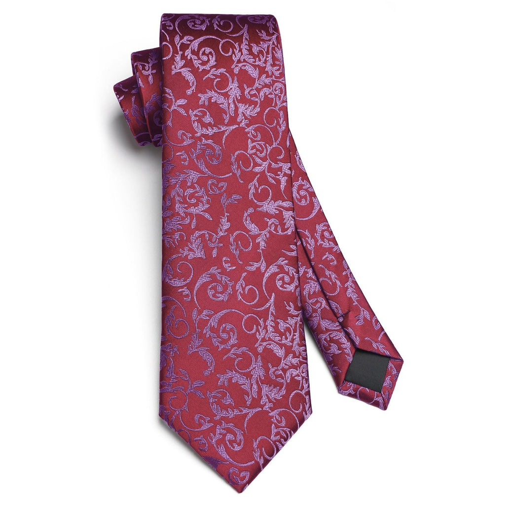 Hisdern Red Floral Wedding Tie Set with Cufflinks