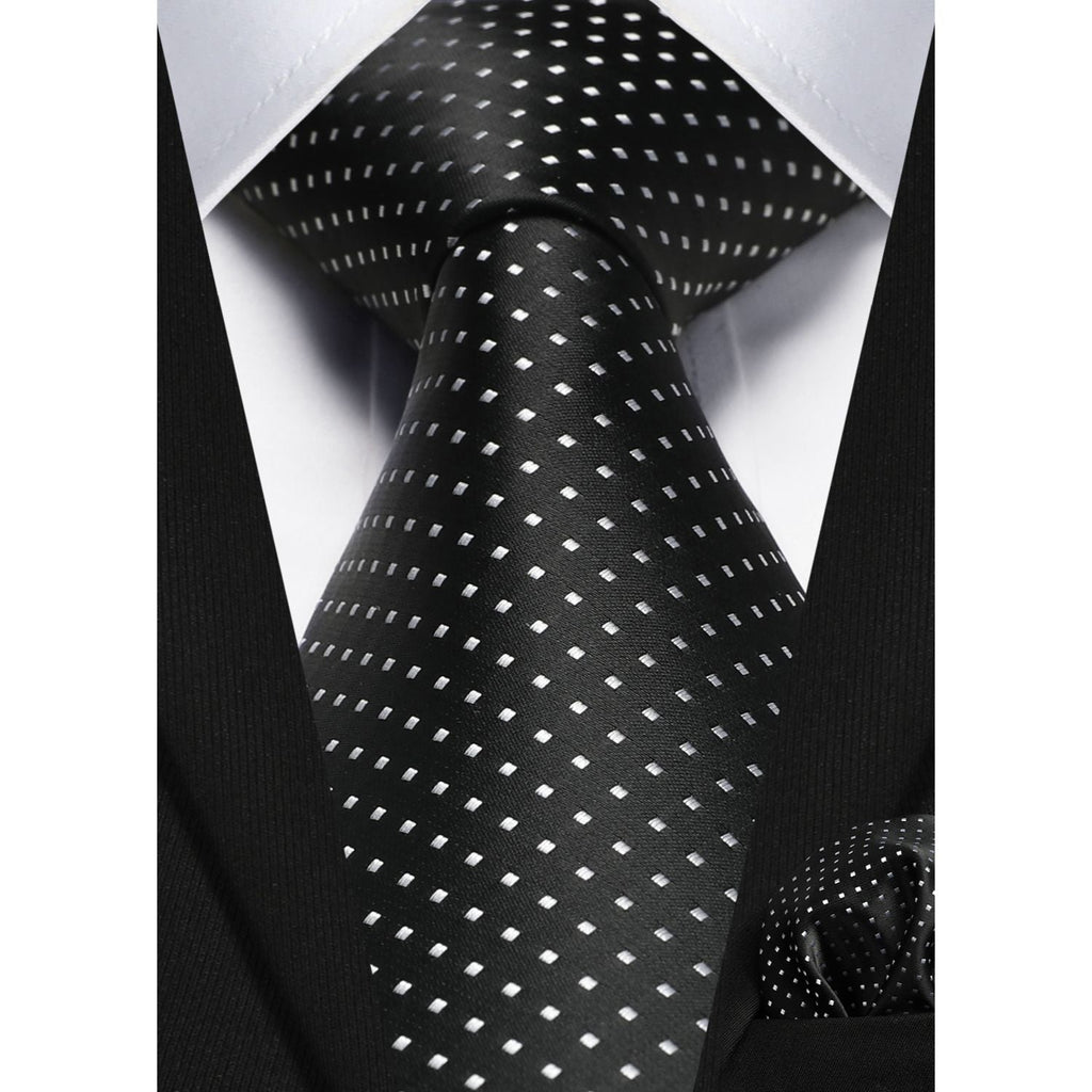 Hisdern Black White Polka Dot Print Tie Set For Formal Events