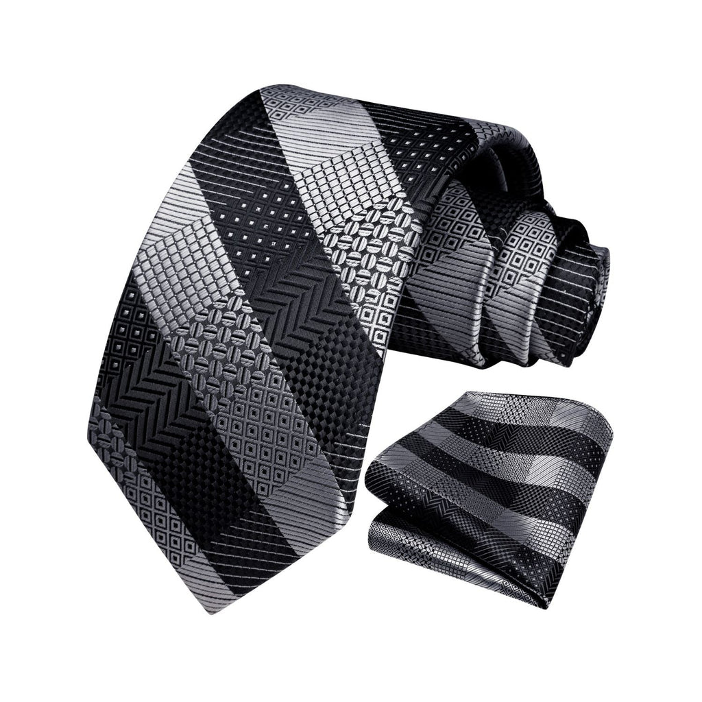 Plaid Tie Handkerchief Set - A-BLACK GREY