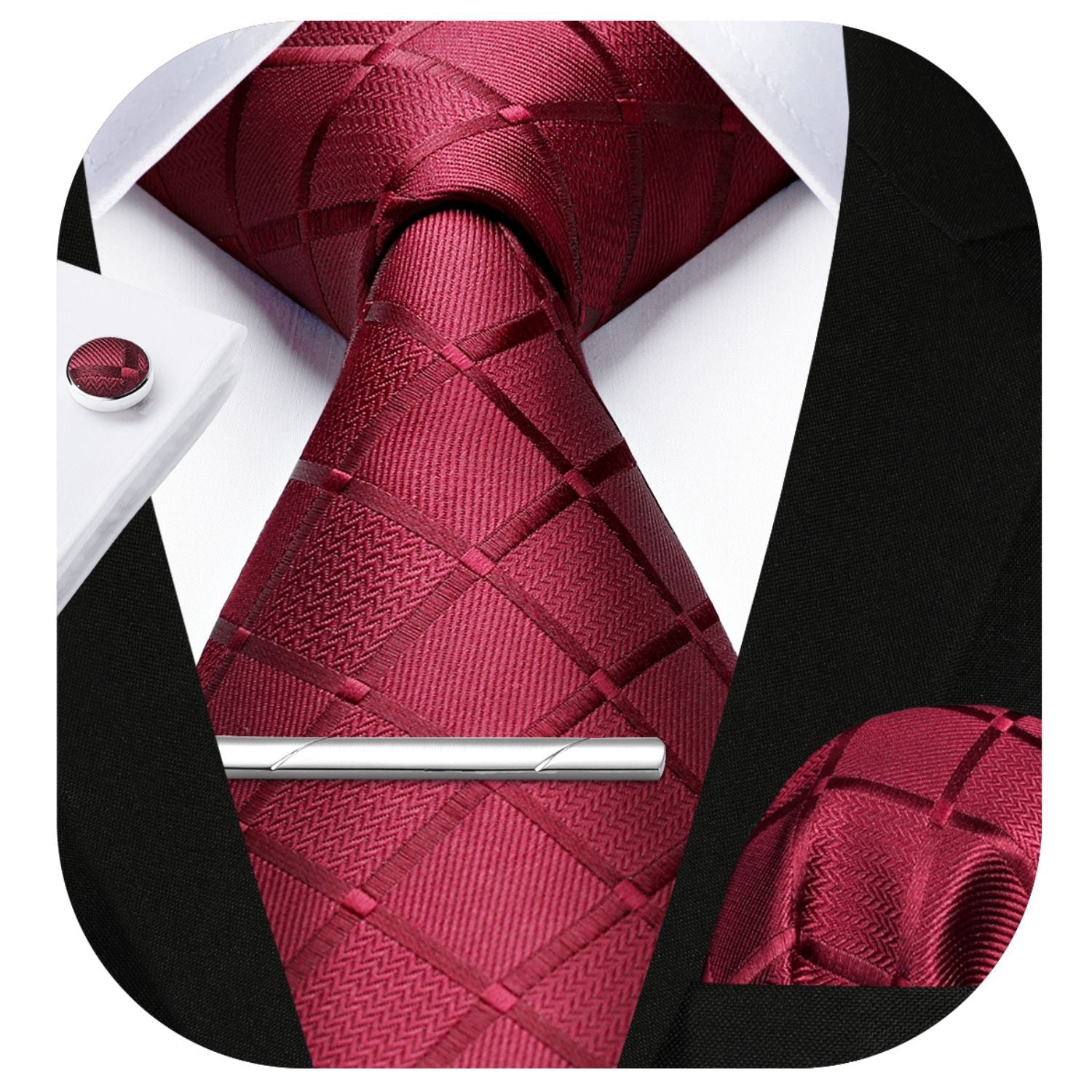 Hisdern Burgundy Plaid Wedding Accessories Set with Cufflinks Clip