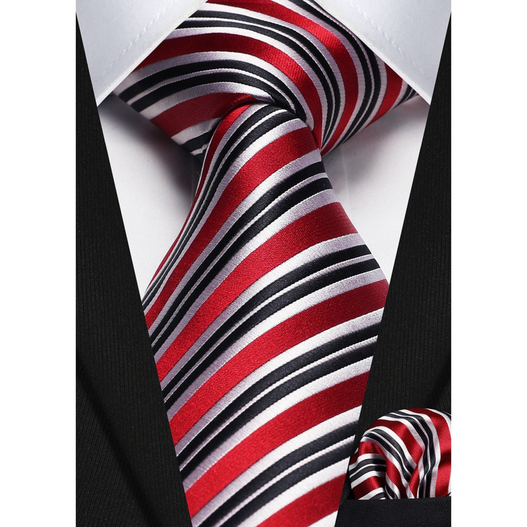 Hisdern Red Black Striped Business Tie Set