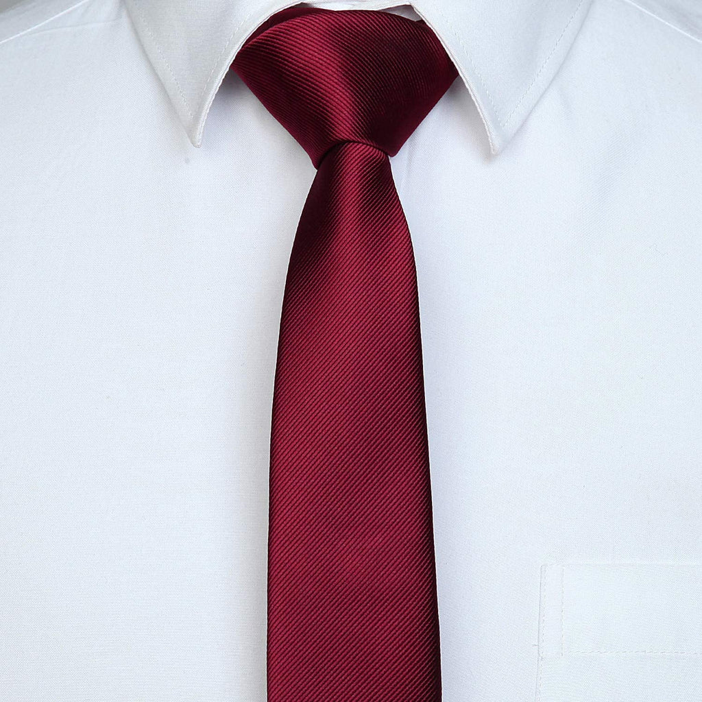 Hisdern Solid Print Skinny Tie Slim 2.4'' Formal Wine Red Wedding Tie