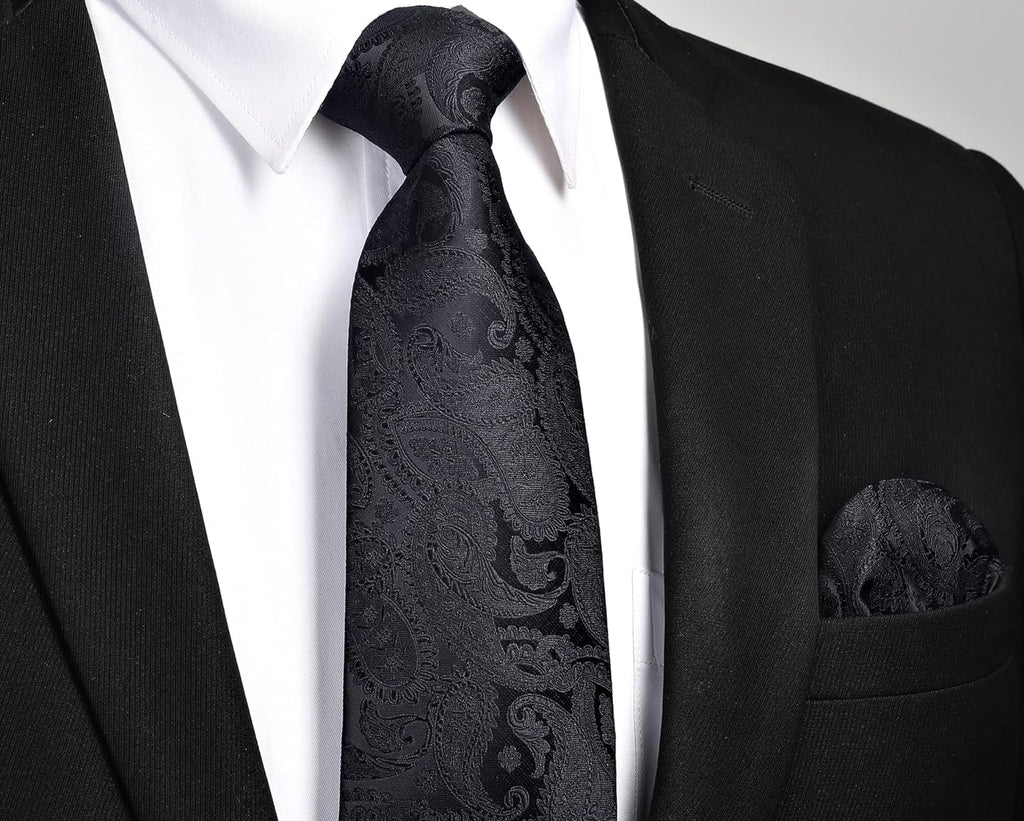 Hisdern Black Paisley Wedding Accessories Set with Cufflinks Clip